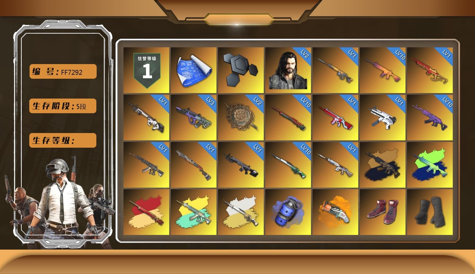 Medusa — Beryl M762 (Gold Charcoal), Cosmic Caliber - Kar98k (White Yellow), Blue Smoke Grenade, Orange Fog of Fury — M79, Hi-top Trainers (Red), Duncan's Infiltrator Handwraps, Harley Quinn's Hair, The Joker's Hair, «Cayenne Turbo GT» SUV, «Chiron» Sports Car, Jonathan Kamau, Snow Glasses, PGC 2021 Contingent Chaos Mask, The Joker's Hair, Demon Biker Horns, La Catrina Makeup, PLAYERUNKNOWN's Bandana, Heavy Fur Coat (Black), Rash Beixli Xtra Tough Jacket, Pubg X Newjeans, Aespa, Polar Bear Feet, Harley Quinn's Hair, Hairstyle PGI.S, Rash Beixli Xtra Tough Jacket, Harley Quinn's Makeup, PML 2019 Phase 2 Jacket, XingHun's Tiger Strike Jacket, XingHun's Tiger Strike Pants, PKL 2019 Phase 2 Jacket, Exquisite Pants, XiongDi Hoodie, StreamerOne, Full Autumn — M416, Pigff's DBS, Forever's S1897, Blue Thunder Gloves - 1