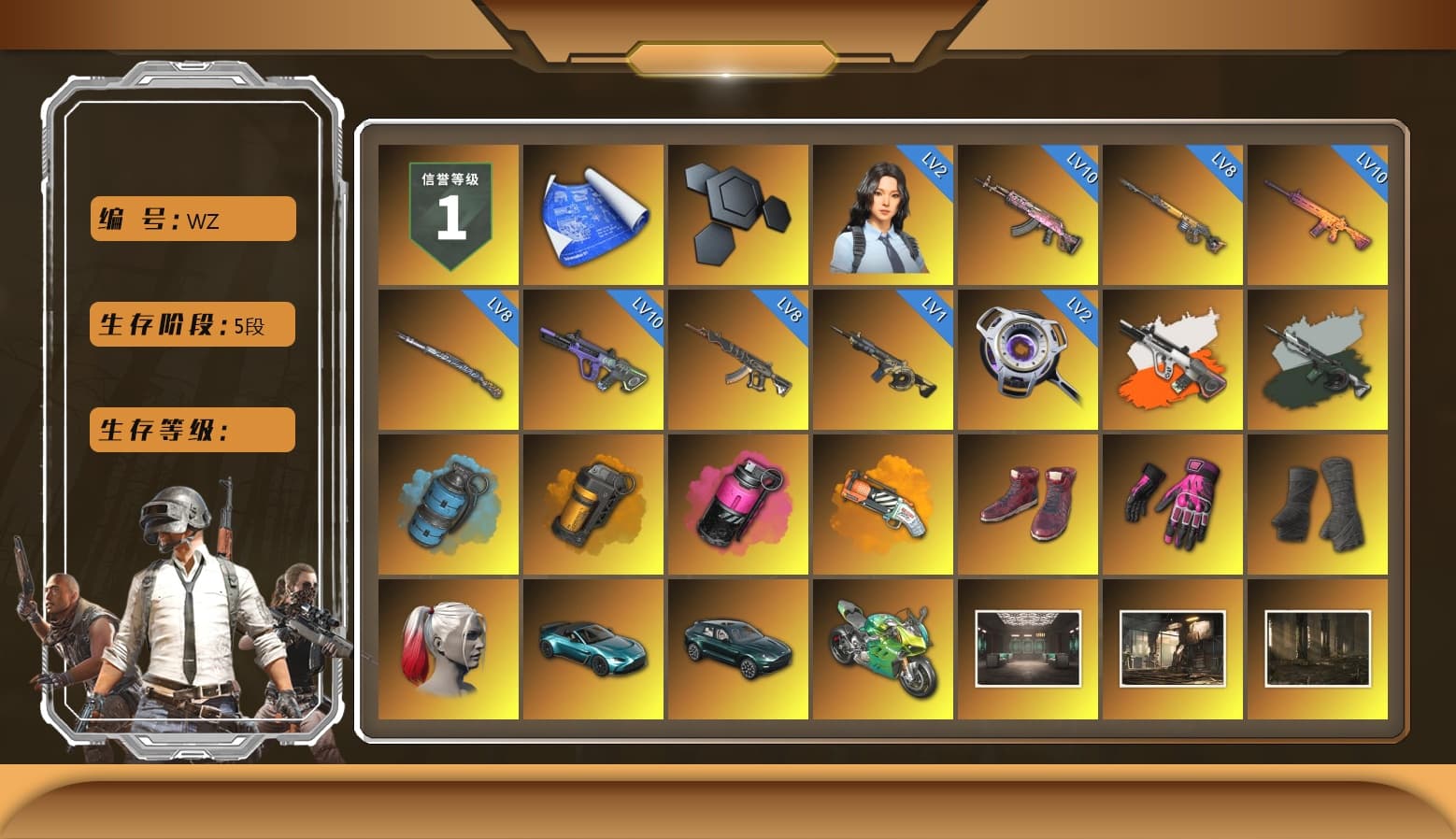 Neon Dream - AUG (White Orange), Time Keeper - M416 (Gray Green), Azure Smoke Grenade, Orange Smoke Grenade, Magenta Smoke Grenade, Orange Fog of Fury — M79, Hi-top Trainers (Red), Hambinooo's Gloves, Duncan's Infiltrator Handwraps, Harley Quinn's Hair, «V12 Vantage Roadster (Luxe)» Sports Car, «DBX707» SUV, «Panigale V4 S (Jaded)» Motorcycle, 9S's Hairstyle, Jonathan Kamau, PGC 2021 Contingent Chaos Mask, Demon Biker Horns, PLAYERUNKNOWN's Bandana, Heavy Fur Coat (Black), Rash Beixli Xtra Tough Jacket, Pubg X Newjeans, Polar Bear Feet, Nier, Harley Quinn's Hair, Rash Beixli Xtra Tough Jacket, Harley Quinn's Makeup, PML 2019 Phase 2 Jacket, PEL 2019 Phase 2 Jacket, XingHun's Tiger Strike Pants, NPL 2019 Phase 2 Jacket, PJS 2019 Phase 2 Jacket, PKL 2019 Phase 2 Jacket, «DBX707» SUV, Sideshow Bear Feet, 17SHOU's Beryl M762, PGC 2019 - AKM, Douyu Biker Jacket, PGC 2019 — Pan, Festive Gloves (Red), Crash Test Handwraps, DOUYU T-shirt - 1