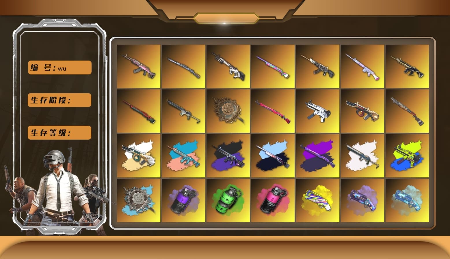Minotaur — AUG [MAX], Midnight Menace — Kar98k [MAX], ZERO-G — MP5K [MAX], Sha Wujing — Mini14 [MAX], Zhu Bajie — M416 [MAX], Over the Rainbow — M24 [MAX], Gear Head — Beryl M762 [MAX], Deadly Dollhouse — SLR [MAX], Emerald Smoke Grenade, Demon Hunter — ACE32, Cyber Threat — Mk12, Tang Sanzang — Pan, Tiger Hunter — Kar98k, Sun Wukong — M24, «Panigale V4 S (Ducati Red)» Motorcycle, No Signal — M416, Danucd's Gloves, Rash Beixli Xtra Tough Jacket, Escapee Jacket, Snow Glasses, PGC 2021 Contingent Chaos Mask, Demon Biker Horns, Pubg X Newjeans, Jonathan Kamau, Rash Beixli Xtra Tough Jacket, The Joker's Hair, Harley Quinn's Hair, Harley Quinn's Hair, No Signal — M416 (Purple Charcoal), ZERO-G — MP5K (Lime Blue), «V12 Vantage Roadster» Sports Car, «DBX707» SUV, «Panigale V4 S (Jaded)» Motorcycle, Purple Smoke Grenade, Yellow Fog of Fury — M79, Magenta Smoke Grenade, Purple Magical Mist — M79, Blue Magical Mist — M79, Sun Scorched — S1897, Zhu Bajie — M416 (Teal Orange) - 1