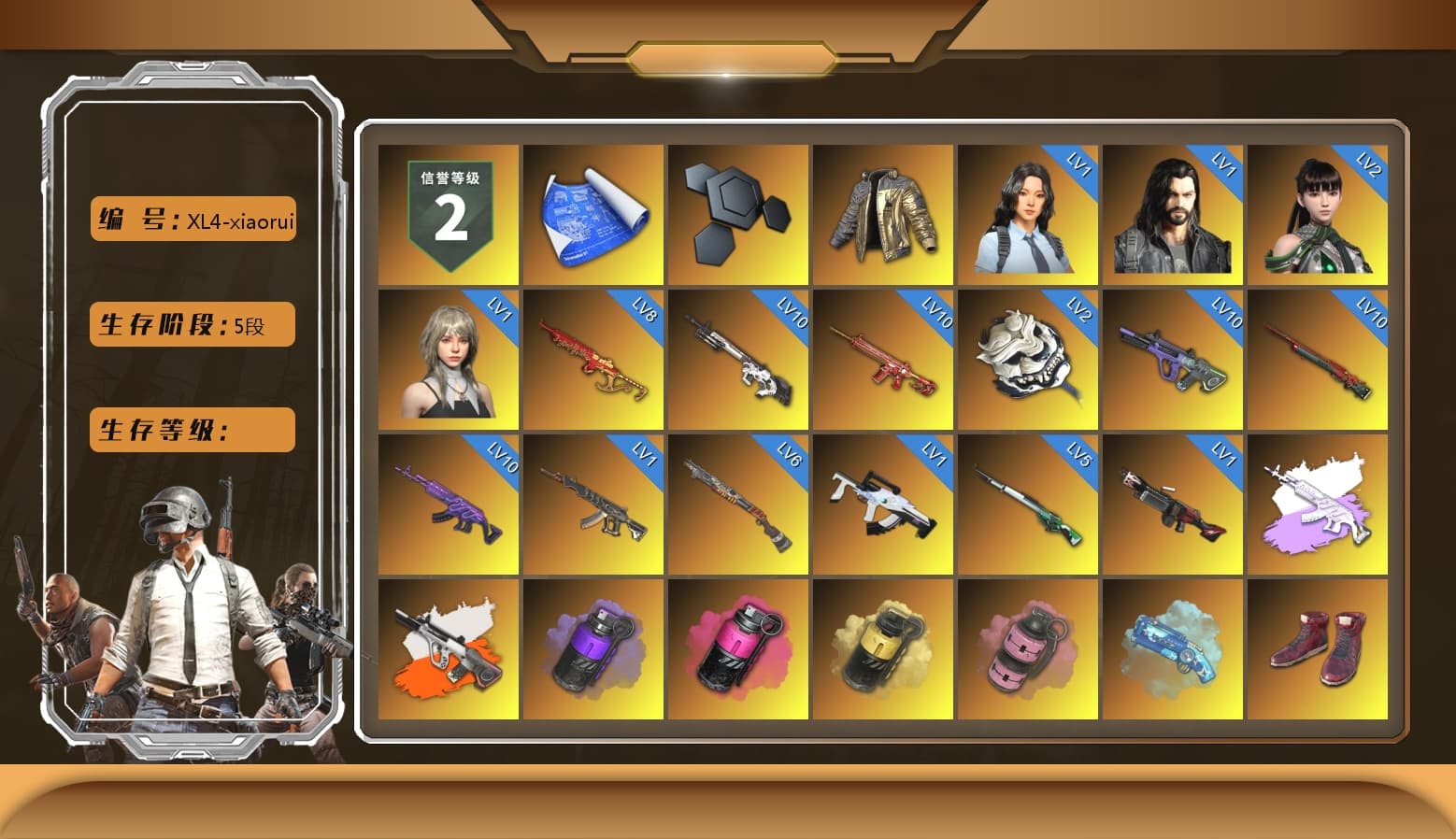Douyu Biker Jacket, Medusa — Beryl M762 (Gray Purple), Neon Dream - AUG (White Orange), Purple Smoke Grenade, Magenta Smoke Grenade, Yellow Smoke Grenade, Pink Smoke Grenade, Blue Magical Mist — M79, Hi-top Trainers (Red), Duncan's Infiltrator Handwraps, Harley Quinn's Hair, The Joker's Hair, «Cayenne Turbo GT» SUV, «McLaren GT Elite» Sports Car, 9S's Hairstyle, Jonathan Kamau, Snow Glasses, PGC 2021 Contingent Chaos Mask, The Joker's Hair, Demon Biker Horns, PLAYERUNKNOWN's Bandana, Heavy Fur Coat (Black), SOOP T-Shirt, Rash Beixli Xtra Tough Jacket, Pubg X Newjeans, Aespa, Polar Bear Feet, Nier, Harley Quinn's Hair, Hairstyle PGI.S, Rash Beixli Xtra Tough Jacket, Harley Quinn's Makeup, PML 2019 Phase 2 Jacket, PEL 2019 Phase 2 Jacket, XingHun's Tiger Strike Jacket, XingHun's Tiger Strike Pants, PJS 2019 Phase 2 Jacket, PKL 2019 Phase 2 Jacket, Sideshow Bear Feet, Exquisite Pants, XiongDi Hoodie, Sha Wujing's Shorts, StreamerOne, GPT 2025 Four Angry Men Jacket, Training Jacket (Green), Full Autumn — M416, Festive Gloves (Red), Blue Thunder Gloves, Diva Glasses (White), GLL Grand Slam Sweatshirt, HUYA T-shirt, DOUYU T-shirt - 1