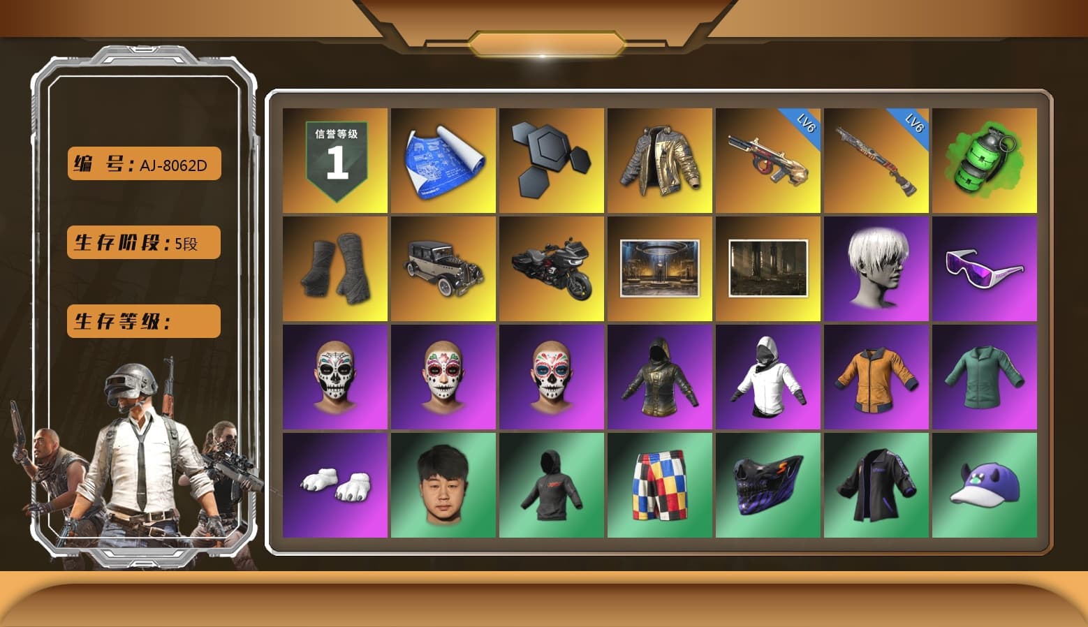 Emerald Smoke Grenade, Duncan's Infiltrator Handwraps, 9S's Hairstyle, Snow Glasses, Polar Bear Feet, Nier, Harley Quinn's Hair, XingHun's Tiger Strike Jacket, PKL 2019 Phase 2 Jacket, Sideshow Bear Feet, Exquisite Pants, StreamerOne, Training Jacket (Green), Full Autumn — M416, Blue Thunder Gloves - 1