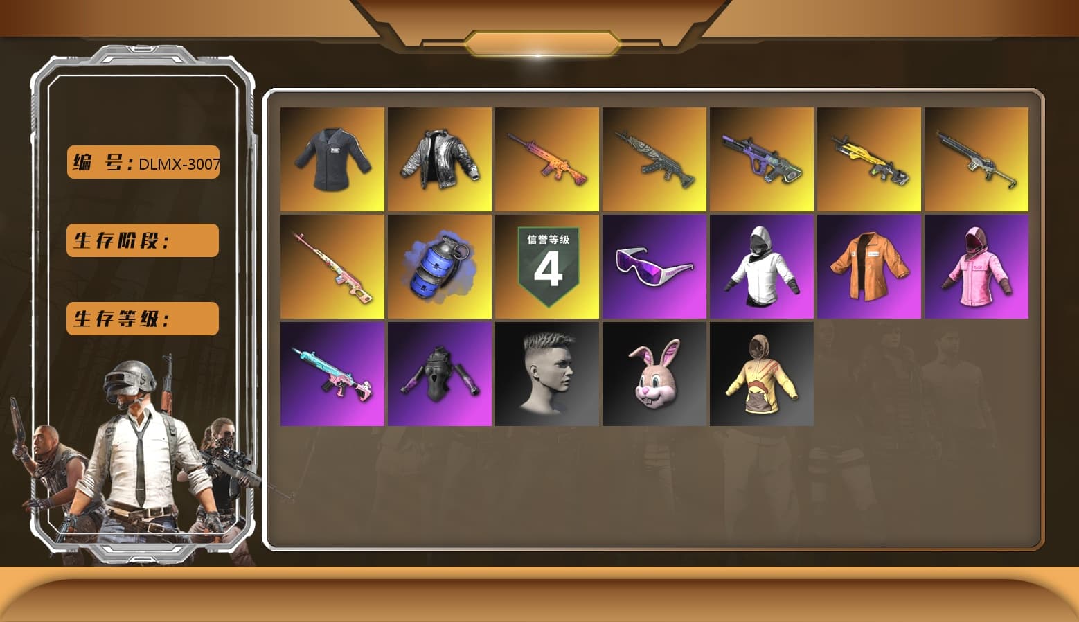Rest in Pink — Dragunov [1], SEA Champ Training T-shirt, Wanyoo Jacket, Blue Smoke Grenade, Hi-top Trainers (Red), Duncan's Infiltrator Handwraps, Snow Glasses, PLAYERUNKNOWN's Bandana, Heavy Fur Coat (Black), Escapee Jacket, Jailbird T-Shirt, Rash Vest, Rash Beixli Xtra Tough Jacket, Pubg X Newjeans, Polar Bear Feet, Rash Beixli Xtra Tough Jacket, SEA Champ Training Snapback, SEA Champ Training Pants, Wanyoo Tracksuit Top, SEA Champ Training T-shirt, PGI Ringside Hoodie, PEL 2019 Phase 2 Jacket, XingHun's Tiger Strike Jacket, XingHun's Tiger Strike Pants, PJS 2019 Phase 2 Jacket, StreamerOne, Full Autumn — M416, Silver Plate — M416, Bengal Blade - SCAR-L, Silver Plate — Mini14, Crash Test Handwraps, Rose-tinted Glasses, Esports IGL Shirt, Esports Chicken Dinner Shirt - 1