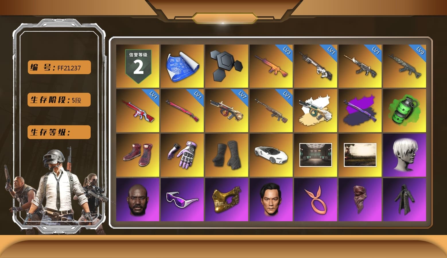 Emerald Smoke Grenade, Hi-top Trainers (Red), Heybox Gloves, Duncan's Infiltrator Handwraps, Jonathan Kamau, 9S's Hairstyle, Snow Glasses, PGC 2021 Contingent Chaos Mask, PLAYERUNKNOWN's Bandana, Heavy Fur Coat (Black), Rash Beixli Xtra Tough Jacket, Nier, Harley Quinn's Hair, Hairstyle PGI.S, Rash Beixli Xtra Tough Jacket, PML 2019 Phase 2 Jacket, Sha Wujing's Shorts, StreamerOne, Full Autumn — M416, Refined Aeolus — Vector, GLL Grand Slam Sweatshirt - 1