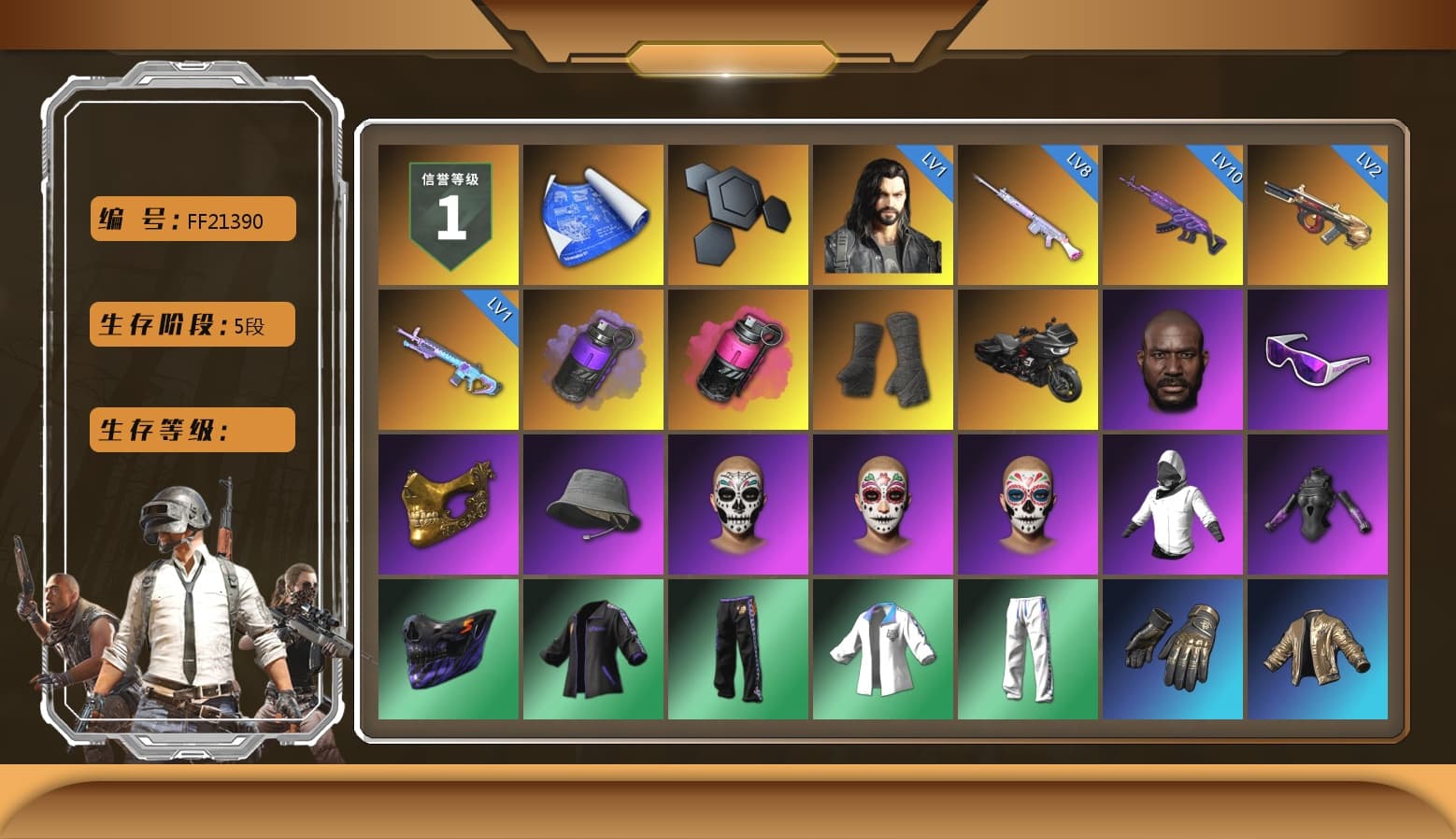 Purple Smoke Grenade, Magenta Smoke Grenade, Duncan's Infiltrator Handwraps, Jonathan Kamau, Snow Glasses, PGC 2021 Contingent Chaos Mask, Harley Quinn's Hair, XingHun's Tiger Strike Jacket, XingHun's Tiger Strike Pants, NPL 2019 Phase 2 Jacket, PKL 2019 Phase 2 Jacket, Exquisite Pants, Sha Wujing's Shorts, StreamerOne, GPT 2025 Four Angry Men Jacket, Training Jacket (Green), Full Autumn — M416, Blue Thunder Gloves, GLL Grand Slam Sweatshirt, DOUYU T-shirt - 1