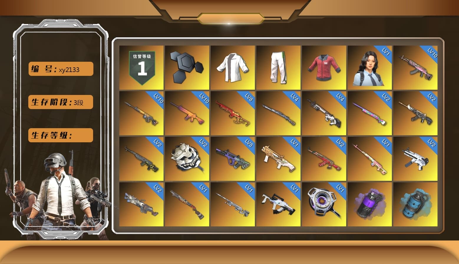 Rest in Pink — Dragunov [1], Green Stripe Tracksuit Pants, PAI 2019 Jacket, Purple Smoke Grenade, Azure Smoke Grenade, Orange Smoke Grenade, Coral Smoke Grenade, Teal Smoke Grenade, Magenta Smoke Grenade, Orange Fog of Fury — M79, Ivory Fog of Fury — M79, Yellow Fog of Fury — M79, Blue Fog of Fury — M79, Crimson Fog of Fury — M79, Blue Magical Mist — M79, Hi-top Trainers (Red), Duncan's Infiltrator Handwraps, PGI Title Wraps, The Joker's Hair, «Panamera Turbo S» Sedan, «Chiron» Sports Car, «V12 Vantage Roadster» Sports Car, «V12 Vantage Roadster (Luxe)» Sports Car, «DBX707» SUV, «Panigale V4 S (Ducati Red)» Motorcycle, Jonathan Kamau, Snow Glasses, PGC 2021 Contingent Chaos Mask, Demon Biker Horns, PLAYERUNKNOWN's Bandana, Heavy Fur Coat (Black), Polar Bear Feet, Escapee Jacket, Jailbird T-Shirt, Rash Vest, Blackpink, Kakao, Harley Quinn's Hair, Hairstyle PGI.S, Short Sleeve Anchor Print Shirt, MadDog — M16A4, The Mau5 Hat, Ryan the Lion Hoodie, PGI Ringside Hoodie, PML 2019 Phase 2 Jacket, NPL 2019 Phase 2 Jacket, PJS 2019 Phase 2 Jacket, PKL 2019 Phase 2 Jacket, Exquisite Pants, XiongDi Hoodie, MET Asia Series Distressed Jeans, Sha Wujing's Shorts, StreamerOne, Training Jacket (Green), Full Autumn — M416, Silver Plate — M416, Gold Plate — M416, PGC 2019 - AKM, PGC 2019 — SCAR-L, Bengal Blade - SCAR-L, Crimson Snowflake - QBZ, PGC 2019 — Mini14, Silver Plate — Mini14, PGC 2019 — Kar98k, Refined Aeolus — Vector, Douyu Biker Jacket, PGC 2019 — Pan, PUBG Nations Cup 2019 Pan, Festive Gloves (Red), Blue Thunder Gloves, Crash Test Handwraps, Diva Glasses (White), Rose-tinted Glasses, PAI 2019 Mask, Esports Cat Face Mask, PGI T-Shirt, 2018 PUBG ALL-STAR T-shirt (Korean), GLL Grand Slam Sweatshirt, DOUYU T-shirt, Esports IGL Shirt, Esports Chicken Dinner Shirt, PKL Shorts, P4wnyhof's Hotpants, «DBX707» SUV, PKL Parachute, Bengal Tiger - 1