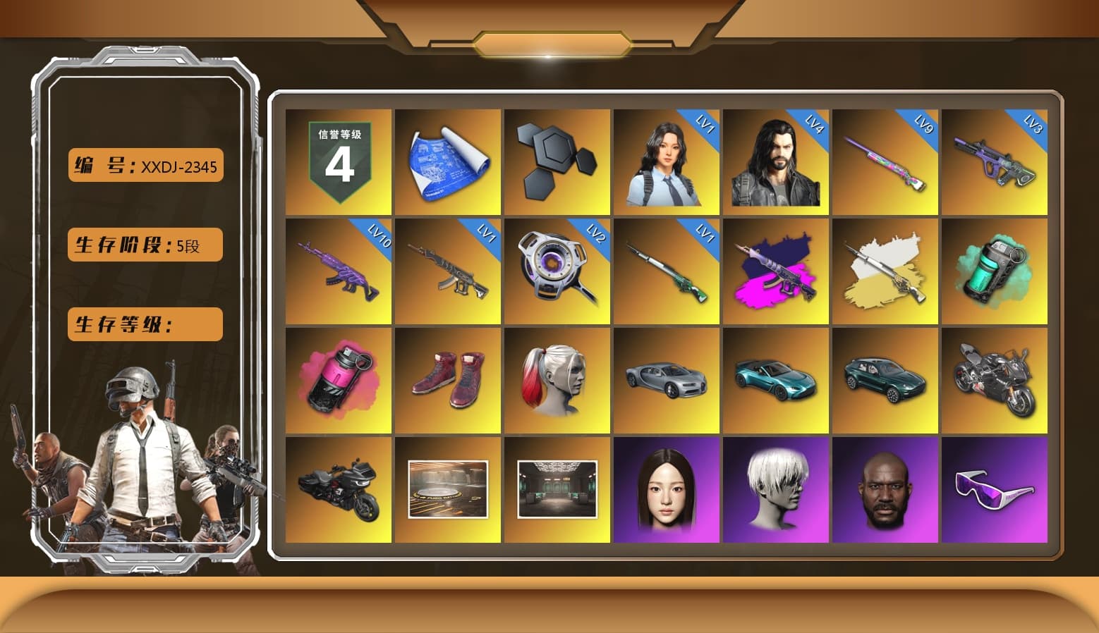 Demon's Touch - ACE32 (Purple Fuchsia), Cosmic Caliber - Kar98k (White Yellow), Teal Smoke Grenade, Magenta Smoke Grenade, Hi-top Trainers (Red), Harley Quinn's Hair, «V12 Vantage Roadster (Luxe)» Sports Car, «DBX707» SUV, «Panigale V4 S (Pitch Black)» Motorcycle, 9S's Hairstyle, Jonathan Kamau, Snow Glasses, PGC 2021 Contingent Chaos Mask, Demon Biker Horns, PLAYERUNKNOWN's Bandana, Heavy Fur Coat (Black), Rash Beixli Xtra Tough Jacket, Pubg X Newjeans, Polar Bear Feet, Nier, Harley Quinn's Hair, Rash Beixli Xtra Tough Jacket, Harley Quinn's Makeup, Sideshow Bear Feet, Exquisite Pants, Sha Wujing's Shorts, StreamerOne, GPT 2025 Four Angry Men Jacket, Training Jacket (Green), Full Autumn — M416, Blue Thunder Gloves, Diva Glasses (White), «DBX707» SUV - 1