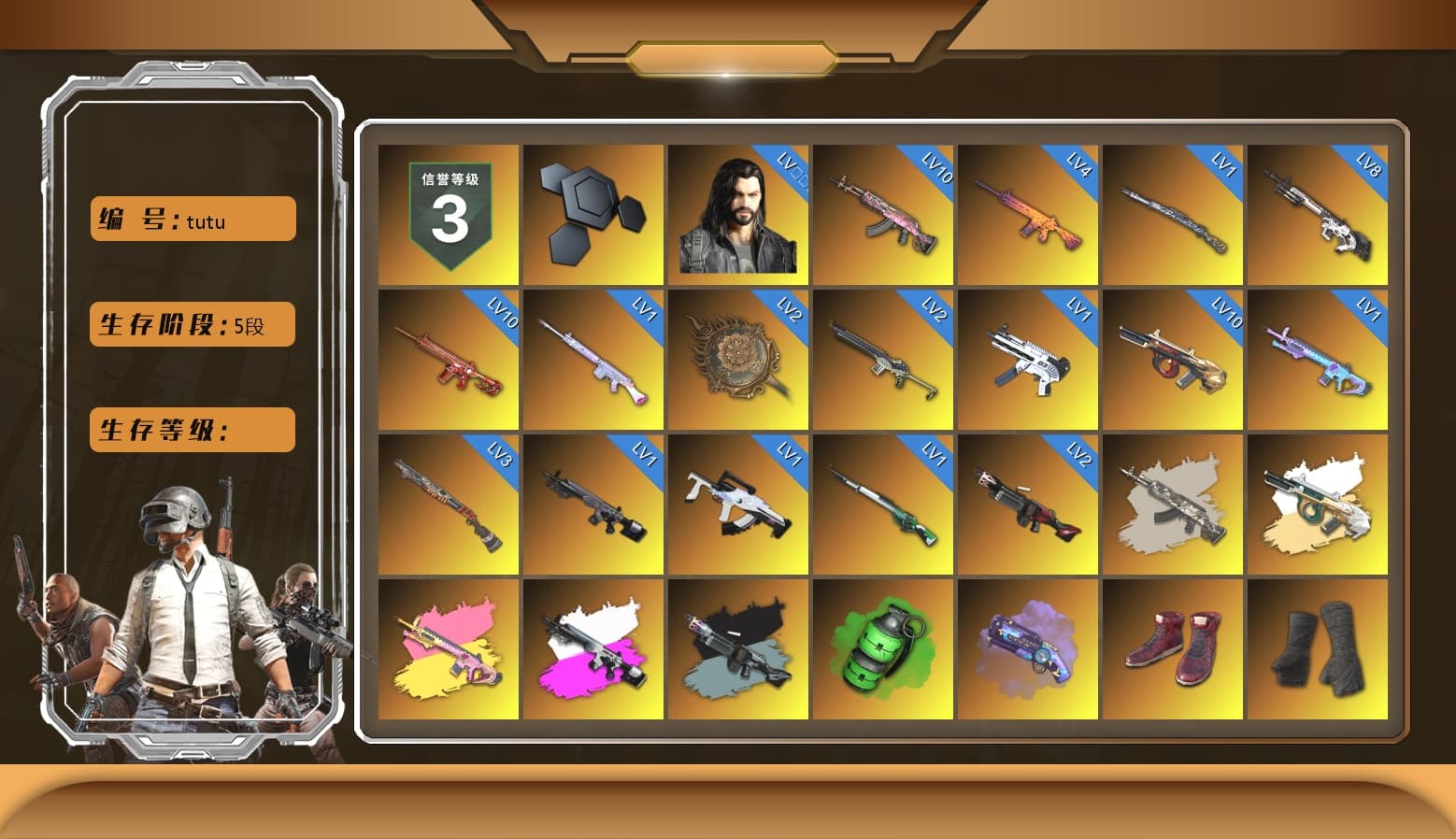 Obscura - Mk12 (Silver Fuchsia), Ride or Die - M249 (Black Teal), Emerald Smoke Grenade, Purple Magical Mist — M79, Hi-top Trainers (Red), Duncan's Infiltrator Handwraps, The Joker's Hair, «Panamera Turbo S» Sedan, «911 Carrera GTS» Sports Car, 9S's Hairstyle, Jonathan Kamau, Snow Glasses, PGC 2021 Contingent Chaos Mask, The Joker's Hair, PLAYERUNKNOWN's Bandana, Heavy Fur Coat (Black), Rash Beixli Xtra Tough Jacket, Pubg X Newjeans, Polar Bear Feet, Nier, Harley Quinn's Hair, Rash Beixli Xtra Tough Jacket, PML 2019 Phase 2 Jacket, PEL 2019 Phase 2 Jacket, XingHun's Tiger Strike Jacket, XingHun's Tiger Strike Pants, NPL 2019 Phase 2 Jacket, PKL 2019 Phase 2 Jacket, Sideshow Bear Feet, Exquisite Pants, XiongDi Hoodie, MET Asia Series Distressed Jeans, Sha Wujing's Shorts, StreamerOne, GPT 2025 Four Angry Men Jacket, Training Jacket (Green), Full Autumn — M416, Gold Plate — M416, Refined Aeolus — Vector, Festive Gloves (Red), Blue Thunder Gloves, Diva Glasses (White), HUYA T-shirt, DOUYU T-shirt, Esports Chicken Dinner Shirt - 1
