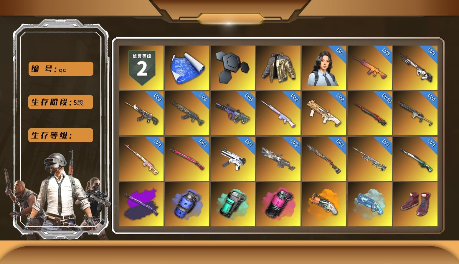 Rest in Pink — Dragunov [1], Douyu Biker Jacket, Blue Smoke Grenade, Teal Smoke Grenade, Magenta Smoke Grenade, Orange Fog of Fury — M79, Blue Magical Mist — M79, Hi-top Trainers (Red), Duncan's Infiltrator Handwraps, Harley Quinn's Hair, «911 Carrera GTS» Sports Car, Jonathan Kamau, 9S's Hairstyle, Snow Glasses, PGC 2021 Contingent Chaos Mask, Demon Biker Horns, PLAYERUNKNOWN's Bandana, Heavy Fur Coat (Black), Polar Bear Feet, Rash Beixli Xtra Tough Jacket, Pubg X Newjeans, Aespa, Nier, Harley Quinn's Hair, Hairstyle PGI.S, Rash Beixli Xtra Tough Jacket, Harley Quinn's Makeup, PML 2019 Phase 2 Jacket, XingHun's Tiger Strike Jacket, XingHun's Tiger Strike Pants, NPL 2019 Phase 2 Jacket, PJS 2019 Phase 2 Jacket, PKL 2019 Phase 2 Jacket, Sideshow Bear Feet, XiongDi Hoodie, Sha Wujing's Shorts, StreamerOne, GPT 2025 Four Angry Men Jacket, Training Jacket (Green), Full Autumn — M416, Refined Aeolus — Vector, Festive Gloves (Red), Blue Thunder Gloves, Diva Glasses (White), HUYA T-shirt - 1