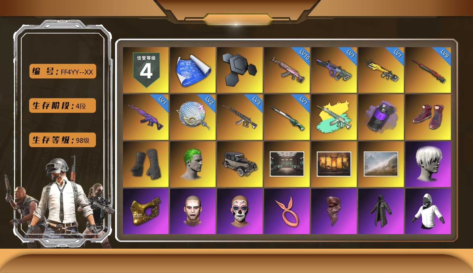 Purple Smoke Grenade, Hi-top Trainers (Red), Duncan's Infiltrator Handwraps, The Joker's Hair, 9S's Hairstyle, PGC 2021 Contingent Chaos Mask, The Joker's Hair, PLAYERUNKNOWN's Bandana, Heavy Fur Coat (Black), Rash Beixli Xtra Tough Jacket, Polar Bear Feet, Nier, Rash Beixli Xtra Tough Jacket, PML 2019 Phase 2 Jacket, PEL 2019 Phase 2 Jacket, XingHun's Tiger Strike Jacket, XingHun's Tiger Strike Pants, PJS 2019 Phase 2 Jacket, PKL 2019 Phase 2 Jacket, XiongDi Hoodie, Sha Wujing's Shorts, StreamerOne, Full Autumn — M416, Festive Gloves (Red), Blue Thunder Gloves, GLL Grand Slam Sweatshirt - 1