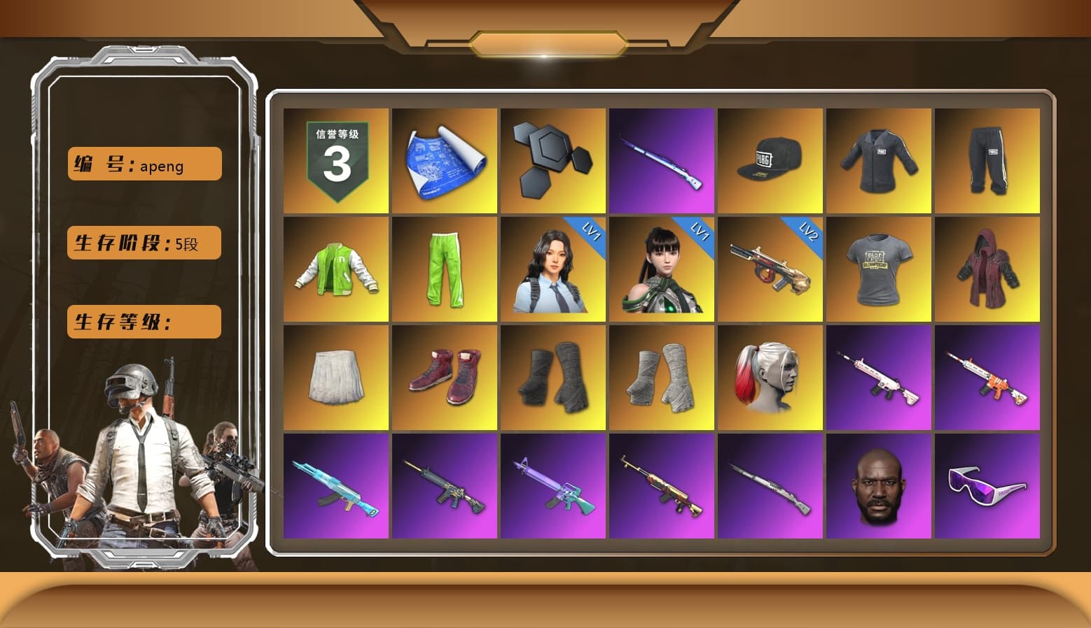 SEA Champ Training T-shirt, NVIDIA Varsity Jacket, Doomsday Hoodie, School Skirt, Hi-top Trainers (Red), Duncan's Infiltrator Handwraps, PGI Title Wraps, Harley Quinn's Hair, NeoticaCH's M416, Lumi's Kar98k, Ashek's AKM, Jonathan Kamau, Snow Glasses, PGC 2021 Contingent Chaos Mask, Kansas Headband, PLAYERUNKNOWN's Bandana, SkipNhO's SLR, Polar Bear Feet, Harley Quinn's Hair, Hairstyle PGI.S, SEA Champ Training Snapback, SEA Champ Training Pants, SEA Champ Training T-shirt, CigaretteSTV's M416, Pirate KIM's M416, MadDog — M16A4, Pirate KIM's SKS, Harley Quinn's Makeup, NeoticaCH's Shirt, FireDragon's Shirt, JennaJulien's Pleated Skirt, Ryan the Lion Hoodie, XingHun's Tiger Strike Jacket, XingHun's Tiger Strike Pants, StreamerOne, Full Autumn — M416, Crimson Snowflake - QBZ, XingHun's AKM, Bengal Blade - SCAR-L, ReleeN's SLR, SPYGEA's M24, Crash Test Handwraps, Bloody Nurse Cap, 2018 PUBG ALL-STAR T-shirt (Korean), GLL Grand Slam Sweatshirt, Heavy Fur Coat (Black), Esports IGL Shirt, Esports Chicken Dinner Shirt, Zerator's Pleated Skirt, Xargon's Skirt - 1