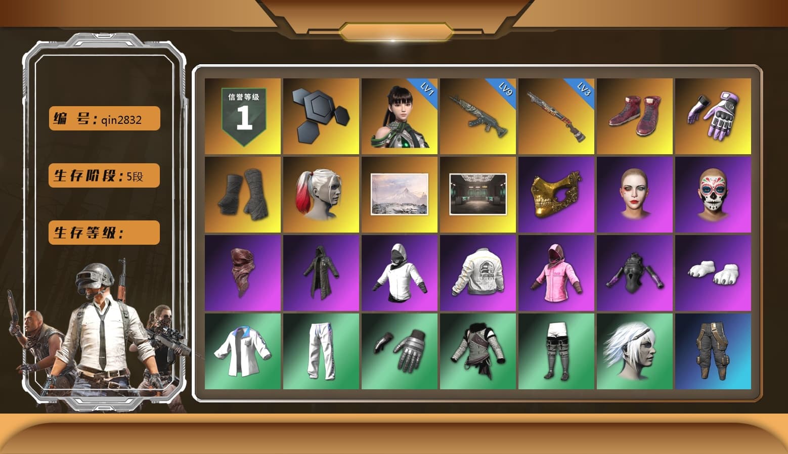 Hi-top Trainers (Red), Heybox Gloves, Duncan's Infiltrator Handwraps, Harley Quinn's Hair, PGC 2021 Contingent Chaos Mask, PLAYERUNKNOWN's Bandana, Heavy Fur Coat (Black), Rash Beixli Xtra Tough Jacket, Polar Bear Feet, Nier, Rash Beixli Xtra Tough Jacket, Harley Quinn's Makeup, PEL 2019 Phase 2 Jacket, XingHun's Tiger Strike Jacket, XingHun's Tiger Strike Pants, NPL 2019 Phase 2 Jacket, PJS 2019 Phase 2 Jacket, PKL 2019 Phase 2 Jacket, Sideshow Bear Feet, StreamerOne, Full Autumn — M416, HUYA T-shirt - 1