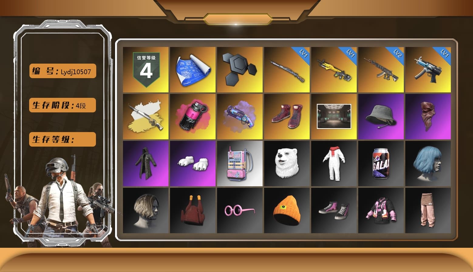 Cosmic Caliber - Kar98k (White Yellow), Cosmic Caliber - Kar98k, Magenta Smoke Grenade, Purple Magical Mist — M79, Hi-top Trainers (Red), PLAYERUNKNOWN's Bandana, Heavy Fur Coat (Black), Polar Bear Feet - 1