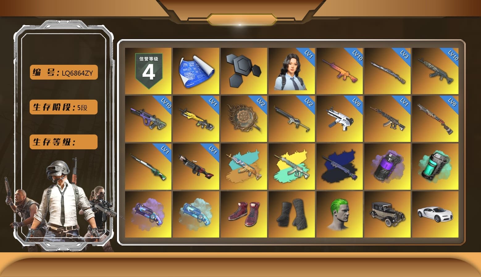 Final Serenade — M24 (Blue Black), Final Serenade — M24, Purple Smoke Grenade, Teal Smoke Grenade, Purple Magical Mist — M79, Blue Magical Mist — M79, Hi-top Trainers (Red), Duncan's Infiltrator Handwraps, The Joker's Hair, «Chiron» Sports Car, «Panigale V4 S (Pitch Black)» Motorcycle, 9S's Hairstyle, Jonathan Kamau, Snow Glasses, PGC 2021 Contingent Chaos Mask, The Joker's Hair, PLAYERUNKNOWN's Bandana, Heavy Fur Coat (Black), Rash Beixli Xtra Tough Jacket, Pubg X Newjeans, Aespa, Polar Bear Feet, Nier, Harley Quinn's Hair, Rash Beixli Xtra Tough Jacket, PML 2019 Phase 2 Jacket, XingHun's Tiger Strike Jacket, XingHun's Tiger Strike Pants, PKL 2019 Phase 2 Jacket, Sideshow Bear Feet, MET Asia Series Distressed Jeans, StreamerOne, GPT 2025 Four Angry Men Jacket, Full Autumn — M416, Festive Gloves (Red), Diva Glasses (White), GLL Grand Slam Sweatshirt, DOUYU T-shirt - 1