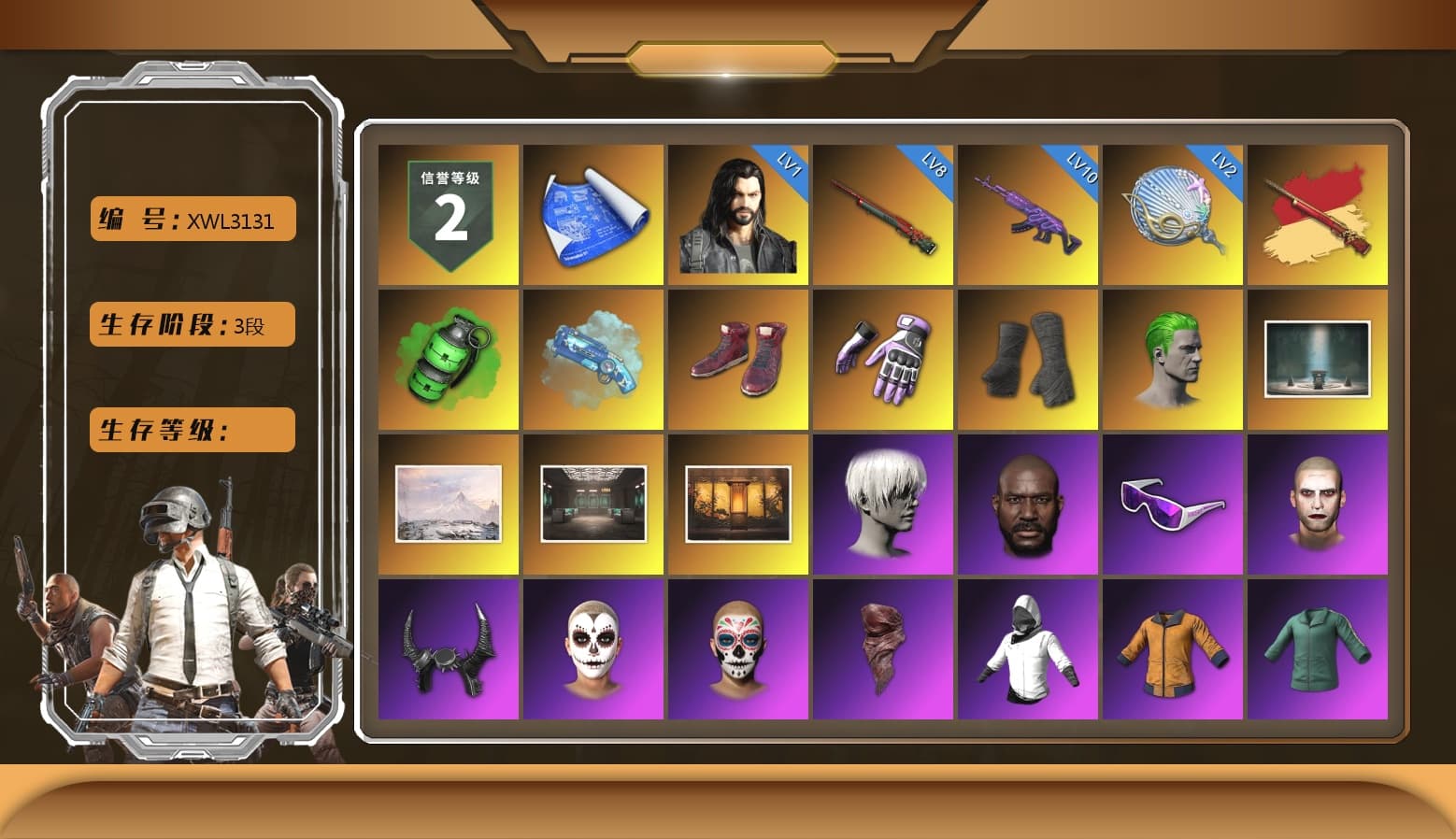 Emerald Smoke Grenade, Blue Magical Mist — M79, Hi-top Trainers (Red), Heybox Gloves, Duncan's Infiltrator Handwraps, The Joker's Hair, 9S's Hairstyle, Jonathan Kamau, Snow Glasses, The Joker's Hair, Demon Biker Horns, La Catrina Makeup, PLAYERUNKNOWN's Bandana, Rash Beixli Xtra Tough Jacket, Polar Bear Feet, Nier, Rash Beixli Xtra Tough Jacket, XingHun's Tiger Strike Jacket, XingHun's Tiger Strike Pants, PJS 2019 Phase 2 Jacket, StreamerOne, GPT 2025 Four Angry Men Jacket, Full Autumn — M416 - 1
