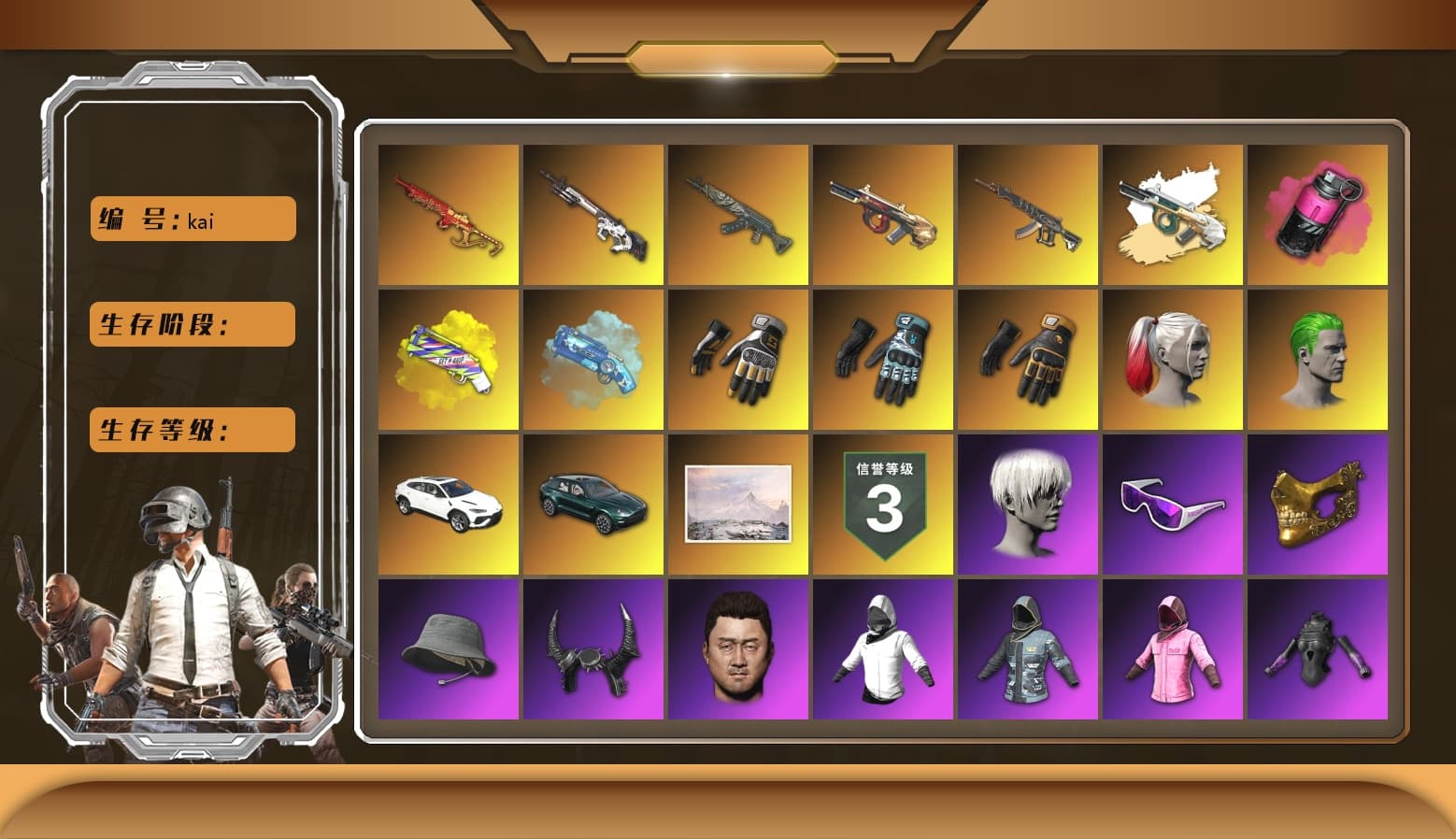 Minotaur — AUG [MAX], Cyber Threat — Mk12 [MAX], Blue Magical Mist — M79, Magenta Smoke Grenade, Azure Dragon — Beryl M762, Yule Sleigh — Mini14, Rash Beixli Xtra Tough Jacket, Rash Beixli Xtra Tough Jacket, Nier, Swagger's Gloves, Danucd's Gloves, PGC 2021 Contingent Chaos Mask, Snow Glasses, Harley Quinn's Hair, The Joker's Hair, Demon Biker Horns, 9S's Hairstyle, Hairstyle PGI.S, Harley Quinn's Hair, Kakao, Mazarin1k's Gloves, «Urus S» SUV, «DBX707» SUV, Yellow Fog of Fury — M79, Demon's Touch — ACE32 - 1