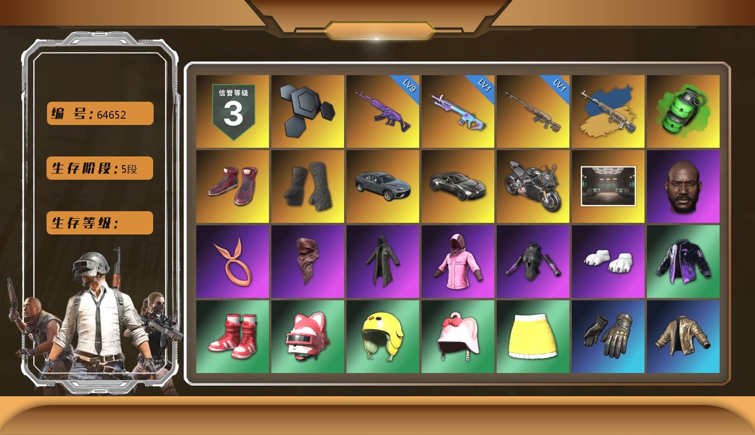 Emerald Smoke Grenade, Hi-top Trainers (Red), Duncan's Infiltrator Handwraps, «V12 Vantage Roadster» Sports Car, «Panigale V4 S (Pitch Black)» Motorcycle, Jonathan Kamau, PLAYERUNKNOWN's Bandana, Heavy Fur Coat (Black), Rash Beixli Xtra Tough Jacket, Polar Bear Feet, Harley Quinn's Hair, Hairstyle PGI.S, Rash Beixli Xtra Tough Jacket, Sha Wujing's Shorts, StreamerOne, Diva Glasses (White), «DBX707» SUV - 1