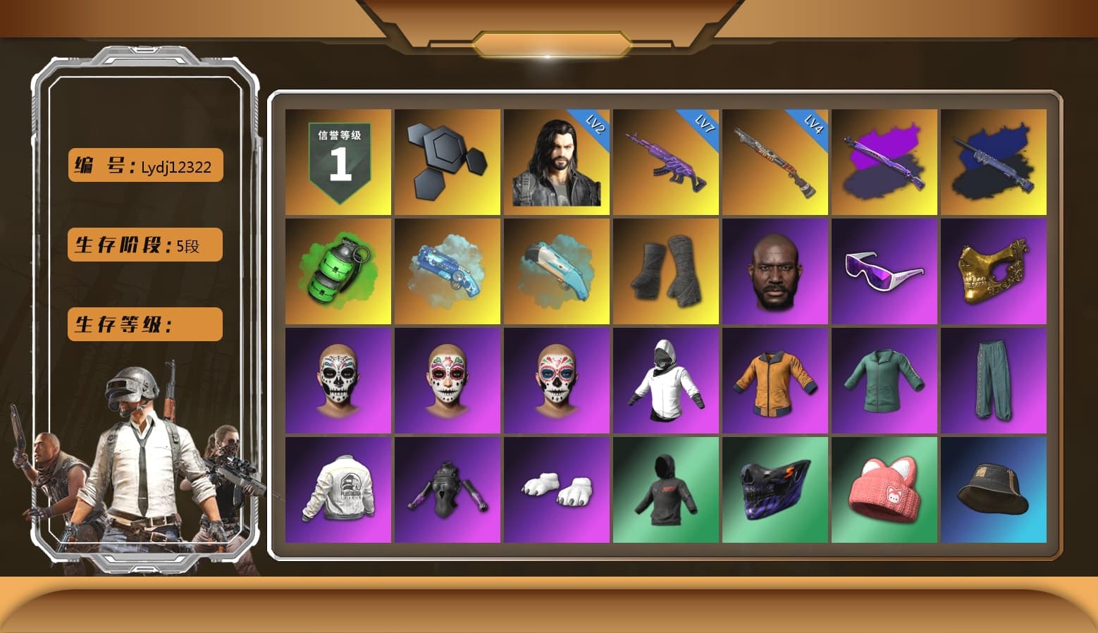 Midnight Menace — Kar98k, Final Serenade — M24 (Blue Black), Final Serenade — M24, Emerald Smoke Grenade, Blue Magical Mist — M79, Duncan's Infiltrator Handwraps, Jonathan Kamau, Snow Glasses, PGC 2021 Contingent Chaos Mask, Polar Bear Feet, PEL 2019 Phase 2 Jacket, PJS 2019 Phase 2 Jacket, Exquisite Pants, StreamerOne, Full Autumn — M416, GLL Grand Slam Sweatshirt - 1