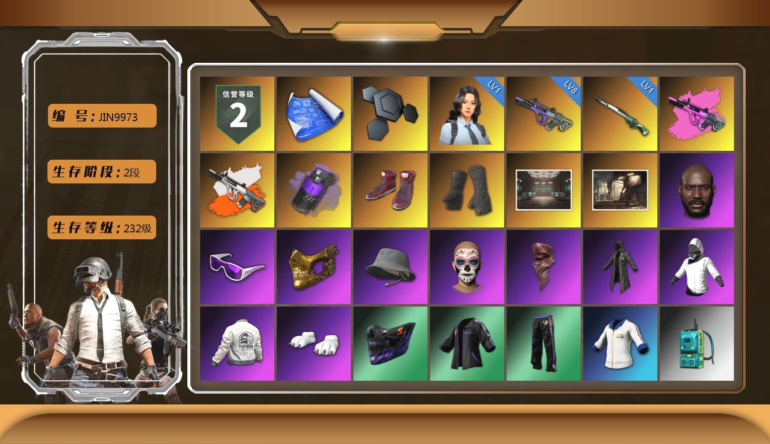 Neon Dream - AUG (White Orange), Purple Smoke Grenade, Hi-top Trainers (Red), Duncan's Infiltrator Handwraps, Jonathan Kamau, Snow Glasses, PGC 2021 Contingent Chaos Mask, PLAYERUNKNOWN's Bandana, Heavy Fur Coat (Black), Polar Bear Feet, PEL 2019 Phase 2 Jacket, PJS 2019 Phase 2 Jacket, Sideshow Bear Feet, Sha Wujing's Shorts, Full Autumn — M416, Blue Thunder Gloves - 1