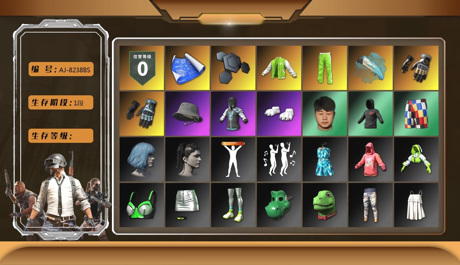 NVIDIA Varsity Jacket, Swagger's Gloves, Danucd's Gloves, Polar Bear Feet, Danucd's Hoodie, Full Autumn — M416, Silver Plate — M416, Bengal Blade - SCAR-L, Crash Test Handwraps, Esports Chicken Dinner Shirt - 1