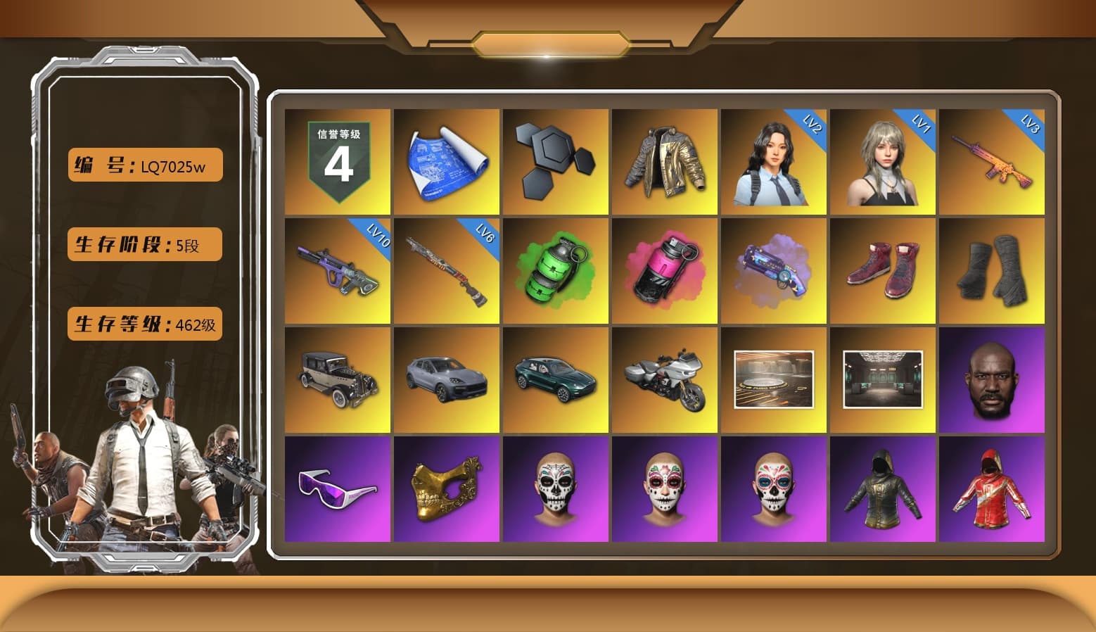 Douyu Biker Jacket, Emerald Smoke Grenade, Magenta Smoke Grenade, Purple Magical Mist — M79, Hi-top Trainers (Red), Duncan's Infiltrator Handwraps, «Cayenne Turbo GT» SUV, «DBX707» SUV, Jonathan Kamau, Snow Glasses, PGC 2021 Contingent Chaos Mask, PLAYERUNKNOWN's Bandana, Heavy Fur Coat (Black), Rash Beixli Xtra Tough Jacket, Polar Bear Feet, Harley Quinn's Hair, Rash Beixli Xtra Tough Jacket, PML 2019 Phase 2 Jacket, PEL 2019 Phase 2 Jacket, XingHun's Tiger Strike Jacket, XingHun's Tiger Strike Pants, PKL 2019 Phase 2 Jacket, «DBX707» SUV, Exquisite Pants, XiongDi Hoodie, MET Asia Series Distressed Jeans, Sha Wujing's Shorts, StreamerOne, Full Autumn — M416, Diva Glasses (White), GLL Grand Slam Sweatshirt, HUYA T-shirt - 1
