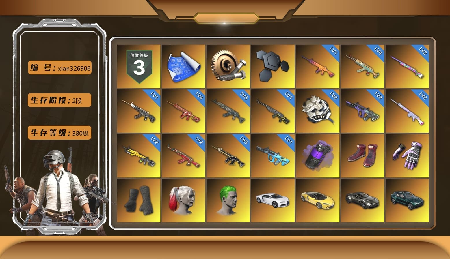 Heybox Gloves, Purple Smoke Grenade, Hi-top Trainers (Red), Duncan's Infiltrator Handwraps, Harley Quinn's Hair, The Joker's Hair, «Chiron» Sports Car, «McLaren GT Elite» Sports Car, «V12 Vantage Roadster» Sports Car, «DBX707» SUV, «Panigale V4 S (Renegade Rose)» Motorcycle, Jonathan Kamau, Snow Glasses, PGC 2021 Contingent Chaos Mask, PLAYERUNKNOWN's Bandana, Heavy Fur Coat (Black), Rash Beixli Xtra Tough Jacket, Polar Bear Feet, Hairstyle PGI.S, Rash Beixli Xtra Tough Jacket, PML 2019 Phase 2 Jacket, PKL 2019 Phase 2 Jacket, Sha Wujing's Shorts, Refined Aeolus — Vector, Pigff's DBS, Forever's S1897, Sideshow Bear Feet, «DBX707» SUV - 1