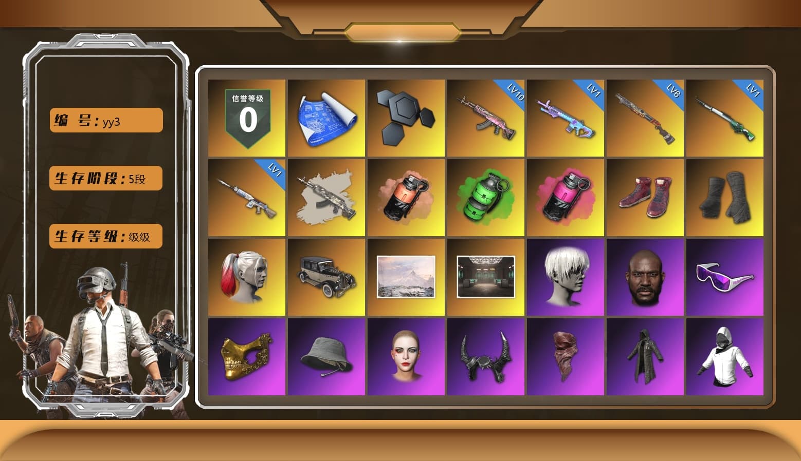 Coral Smoke Grenade, Emerald Smoke Grenade, Magenta Smoke Grenade, Hi-top Trainers (Red), Duncan's Infiltrator Handwraps, Harley Quinn's Hair, 9S's Hairstyle, Jonathan Kamau, Snow Glasses, PGC 2021 Contingent Chaos Mask, Demon Biker Horns, PLAYERUNKNOWN's Bandana, Heavy Fur Coat (Black), Rash Beixli Xtra Tough Jacket, Pubg X Newjeans, Polar Bear Feet, Nier, Harley Quinn's Hair, Rash Beixli Xtra Tough Jacket, Harley Quinn's Makeup, PEL 2019 Phase 2 Jacket, XingHun's Tiger Strike Jacket, XingHun's Tiger Strike Pants, XiongDi Hoodie, Sha Wujing's Shorts, StreamerOne, GPT 2025 Four Angry Men Jacket, Full Autumn — M416, Blue Thunder Gloves, Diva Glasses (White), GLL Grand Slam Sweatshirt - 1