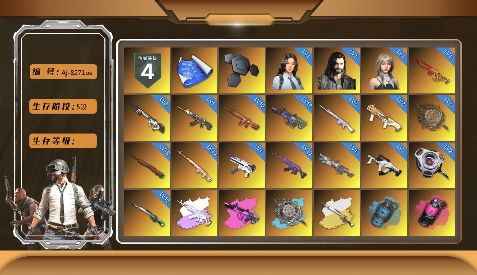 Rest in Pink — Dragunov [MAX], Medusa — Beryl M762 (Gray Purple), Cosmic Caliber - Kar98k (White Yellow), Azure Smoke Grenade, Magenta Smoke Grenade, Yellow Smoke Grenade, Pink Smoke Grenade, Orange Fog of Fury — M79, Hi-top Trainers (Red), Heybox Gloves, Duncan's Infiltrator Handwraps, Harley Quinn's Hair, The Joker's Hair, «911 Carrera GTS» Sports Car, «Cayenne Turbo GT» SUV, «Chiron» Sports Car, «Urus S» SUV, «McLaren GT Elite» Sports Car, «V12 Vantage Roadster» Sports Car, «Panigale V4 S (Jaded)» Motorcycle, Jonathan Kamau, Snow Glasses, PGC 2021 Contingent Chaos Mask, The Joker's Hair, PLAYERUNKNOWN's Bandana, Heavy Fur Coat (Black), SOOP T-Shirt, Rash Beixli Xtra Tough Jacket, Aespa, Polar Bear Feet, Harley Quinn's Hair, Hairstyle PGI.S, "CVO™ Road Glide® ST" Motorcycle, Rash Beixli Xtra Tough Jacket, Pirate KIM's M416, Pirate KIM's SKS, Harley Quinn's Makeup, PGI 2018 «Four Angry Men» Hoodie, PML 2019 Phase 2 Jacket, PEL 2019 Phase 2 Jacket, XingHun's Tiger Strike Jacket, XingHun's Tiger Strike Pants, NPL 2019 Phase 2 Jacket, PJS 2019 Phase 2 Jacket, PKL 2019 Phase 2 Jacket, Sideshow Bear Feet, Exquisite Pants, MET Asia Series Distressed Jeans, Sha Wujing's Shorts, StreamerOne, Training Jacket (Green), Full Autumn — M416, Festive Gloves (Red), Blue Thunder Gloves, Diva Glasses (White), 2018 PUBG ALL-STAR T-shirt (Korean), GLL Grand Slam Sweatshirt - 1