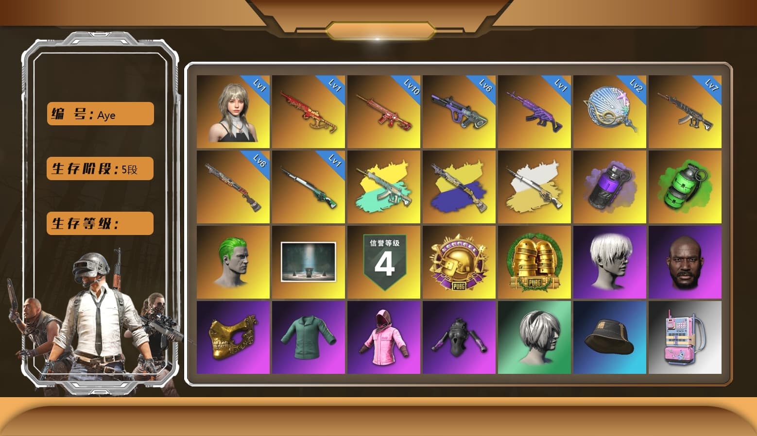 Emerald Smoke Grenade, Glasya [1], Phoenix — M416, Neon Dream — AUG, Siren — Pan, Medusa — Beryl M762, Yule Sleigh — Mini14, Reaper, Predator, Danucd's Gloves, Rash Beixli Xtra Tough Jacket, Rash Beixli Xtra Tough Jacket, Nier, PGC 2021 Contingent Chaos Mask, Jonathan Kamau, The Joker's Hair, 9S's Hairstyle, Harley Quinn's Hair, Purple Smoke Grenade, Demon's Touch — ACE32, Sun Scorched — S1897, Cosmic Caliber - Kar98k, Cosmic Caliber - Kar98k (White Yellow) - 1