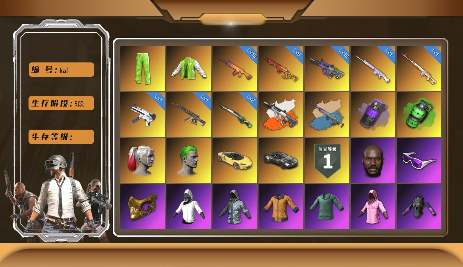 Yule Sleigh — Mini14 [MAX], Neon Dream — AUG [MAX], Cosmic Caliber - Kar98k [1], Emerald Smoke Grenade, Trick-or-treat — M416, ZERO-G — MP5K, Deadly Dollhouse — SLR, Rash Beixli Xtra Tough Jacket, Harley Quinn's Hair, Harley Quinn's Hair, Jonathan Kamau, PGC 2021 Contingent Chaos Mask, The Joker's Hair, Snow Glasses, Danucd's Gloves, Rash Beixli Xtra Tough Jacket, NVIDIA Varsity Jacket, «V12 Vantage Roadster» Sports Car, Purple Smoke Grenade, Demon's Touch — ACE32, Neon Dream - AUG (White Orange), Yule Sleigh - Mini14 (Gold Blue) - 1