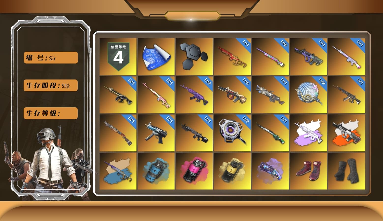 Rest in Pink — Dragunov [1], Medusa — Beryl M762 (Gray Purple), Neon Dream - AUG (White Orange), Yule Sleigh - Mini14 (Gold Blue), Azure Smoke Grenade, Magenta Smoke Grenade, Yellow Smoke Grenade, Purple Magical Mist — M79, Hi-top Trainers (Red), Duncan's Infiltrator Handwraps, «Panamera Turbo S» Sedan, «Cayenne Turbo GT» SUV, «Urus S» SUV, «V12 Vantage Roadster (Luxe)» Sports Car, 9S's Hairstyle, Jonathan Kamau, Snow Glasses, PGC 2021 Contingent Chaos Mask, Demon Biker Horns, PLAYERUNKNOWN's Bandana, Heavy Fur Coat (Black), Rash Beixli Xtra Tough Jacket, Aespa, Polar Bear Feet, Nier, Harley Quinn's Hair, Rash Beixli Xtra Tough Jacket, PML 2019 Phase 2 Jacket, PEL 2019 Phase 2 Jacket, XingHun's Tiger Strike Jacket, XingHun's Tiger Strike Pants, NPL 2019 Phase 2 Jacket, PJS 2019 Phase 2 Jacket, PKL 2019 Phase 2 Jacket, Sideshow Bear Feet, Exquisite Pants, Sha Wujing's Shorts, StreamerOne, GPT 2025 Four Angry Men Jacket, Full Autumn — M416, Refined Aeolus — Vector, Blue Thunder Gloves, HUYA T-shirt, DOUYU T-shirt - 1