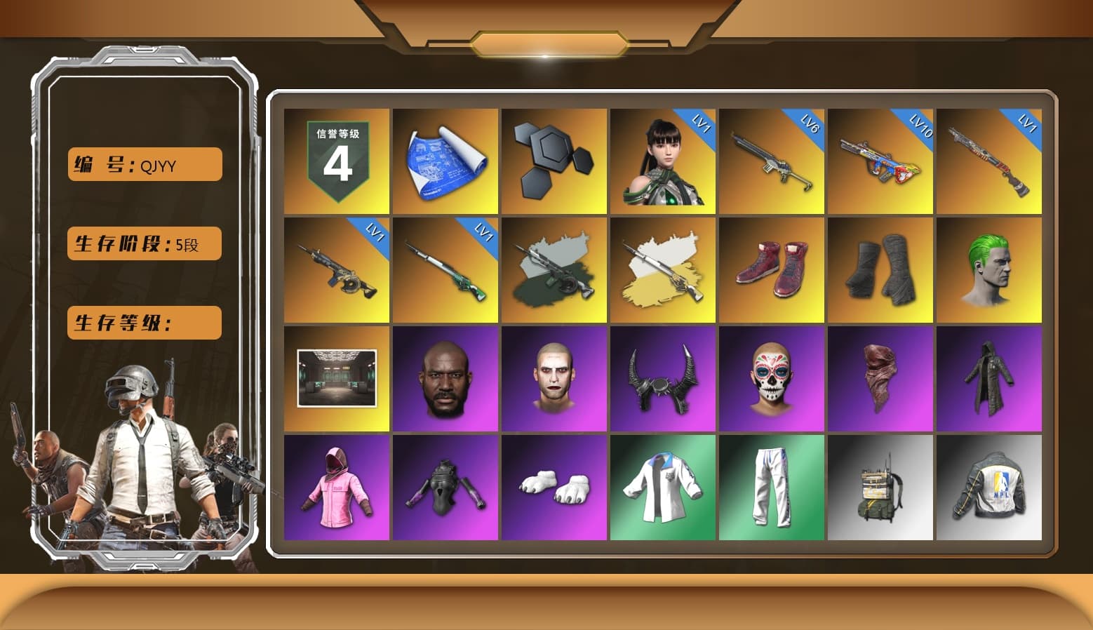 Time Keeper - M416 (Gray Green), Cosmic Caliber - Kar98k (White Yellow), Hi-top Trainers (Red), Duncan's Infiltrator Handwraps, The Joker's Hair, Jonathan Kamau, Demon Biker Horns, The Joker's Hair, PLAYERUNKNOWN's Bandana, Heavy Fur Coat (Black), Polar Bear Feet, Rash Beixli Xtra Tough Jacket, Harley Quinn's Hair, Rash Beixli Xtra Tough Jacket, XingHun's Tiger Strike Jacket, XingHun's Tiger Strike Pants, NPL 2019 Phase 2 Jacket, PKL 2019 Phase 2 Jacket, StreamerOne, Diva Glasses (White) - 1