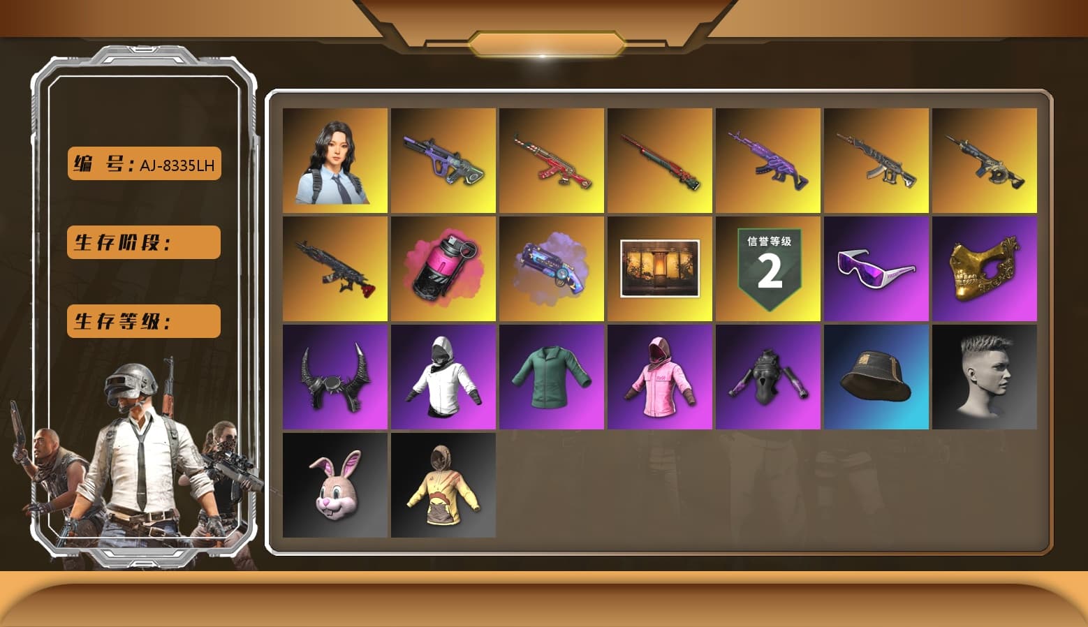 Magenta Smoke Grenade, Purple Magical Mist — M79, Hi-top Trainers (Red), Duncan's Infiltrator Handwraps, Snow Glasses, PGC 2021 Contingent Chaos Mask, Demon Biker Horns, PLAYERUNKNOWN's Bandana, Heavy Fur Coat (Black), Rash Beixli Xtra Tough Jacket, Polar Bear Feet, Rash Beixli Xtra Tough Jacket, PML 2019 Phase 2 Jacket, XingHun's Tiger Strike Jacket, XingHun's Tiger Strike Pants, PJS 2019 Phase 2 Jacket, PKL 2019 Phase 2 Jacket, Sideshow Bear Feet, XiongDi Hoodie, MET Asia Series Distressed Jeans, Sha Wujing's Shorts, StreamerOne, Full Autumn — M416, Festive Gloves (Red), Blue Thunder Gloves, Diva Glasses (White), GLL Grand Slam Sweatshirt, DOUYU T-shirt - 1