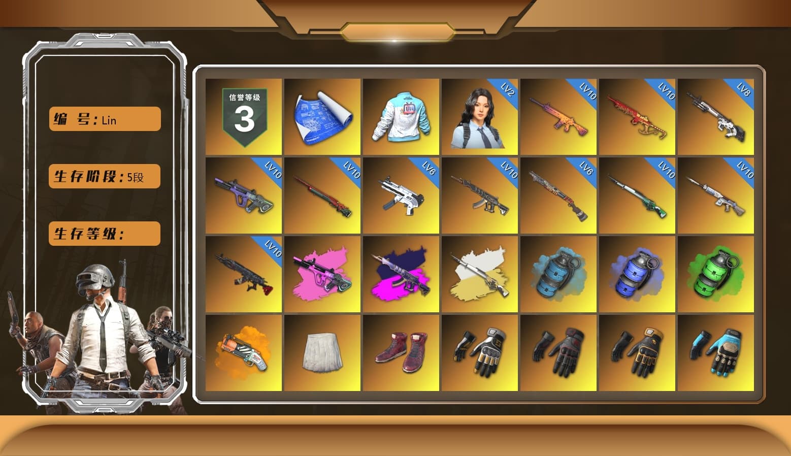 Bilibili Biker Jacket, Demon's Touch - ACE32 (Purple Fuchsia), Cosmic Caliber - Kar98k (White Yellow), Azure Smoke Grenade, Emerald Smoke Grenade, Orange Fog of Fury — M79, School Skirt, Hi-top Trainers (Red), Swagger's Gloves, spajKK's Gloves, Mazarin1k's Gloves, Ashek's Gloves, Duncan's Infiltrator Handwraps, PGI Title Wraps, Harley Quinn's Hair, The Joker's Hair, 9S's Hairstyle, Jonathan Kamau, Snow Glasses, PGC 2021 Contingent Chaos Mask, The Joker's Hair, Demon Biker Horns, Kansas Headband, La Catrina Makeup, PLAYERUNKNOWN's Bandana, Heavy Fur Coat (Black), Escapee Jacket, Jailbird T-Shirt, Rash Vest, Pubg X Newjeans, Aespa, Polar Bear Feet, Nier, Harley Quinn's Hair, Rash Beixli Xtra Tough Jacket, Harley Quinn's Makeup, SPYGEA's Shirt, Shroud's Varsity Jacket, FireDragon's Shirt, JennaJulien's Pleated Skirt, PGI Ringside Hoodie, PGI 2018 «Four Angry Men» Hoodie, PML 2019 Phase 2 Jacket, PEL 2019 Phase 2 Jacket, XingHun's Tiger Strike Jacket, XingHun's Tiger Strike Pants, NPL 2019 Phase 2 Jacket, PKL 2019 Phase 2 Jacket, Sideshow Bear Feet, Exquisite Pants, MET Asia Series Distressed Jeans, StreamerOne, Training Jacket (Green), Festive Gloves (Red), Blue Thunder Gloves, Diva Glasses (White), Rose-tinted Glasses, FaceIt Global Summit Mask, PAI 2019 Mask, shroud's Cloth Mask, PGI T-Shirt, HUYA T-shirt, DOUYU T-shirt, PKL Shorts, Zerator's Pleated Skirt, «Chiron» Sports Car - 1