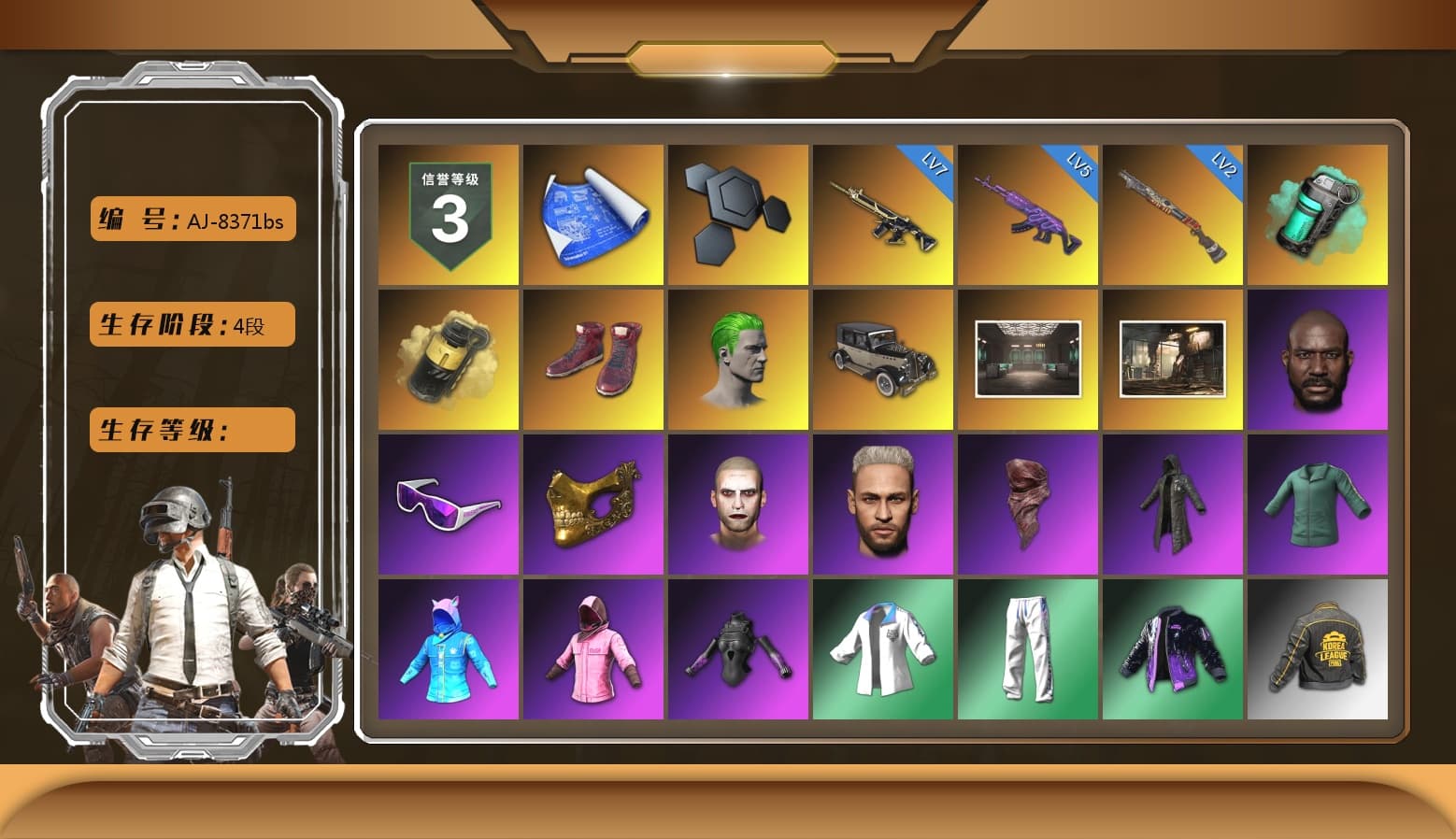 Teal Smoke Grenade, Yellow Smoke Grenade, Hi-top Trainers (Red), The Joker's Hair, Jonathan Kamau, Snow Glasses, PGC 2021 Contingent Chaos Mask, The Joker's Hair, PLAYERUNKNOWN's Bandana, Heavy Fur Coat (Black), Rash Beixli Xtra Tough Jacket, Hairstyle PGI.S, Rash Beixli Xtra Tough Jacket, XingHun's Tiger Strike Jacket, XingHun's Tiger Strike Pants, PKL 2019 Phase 2 Jacket, Sideshow Bear Feet, Full Autumn — M416, Blue Thunder Gloves, DOUYU T-shirt - 1
