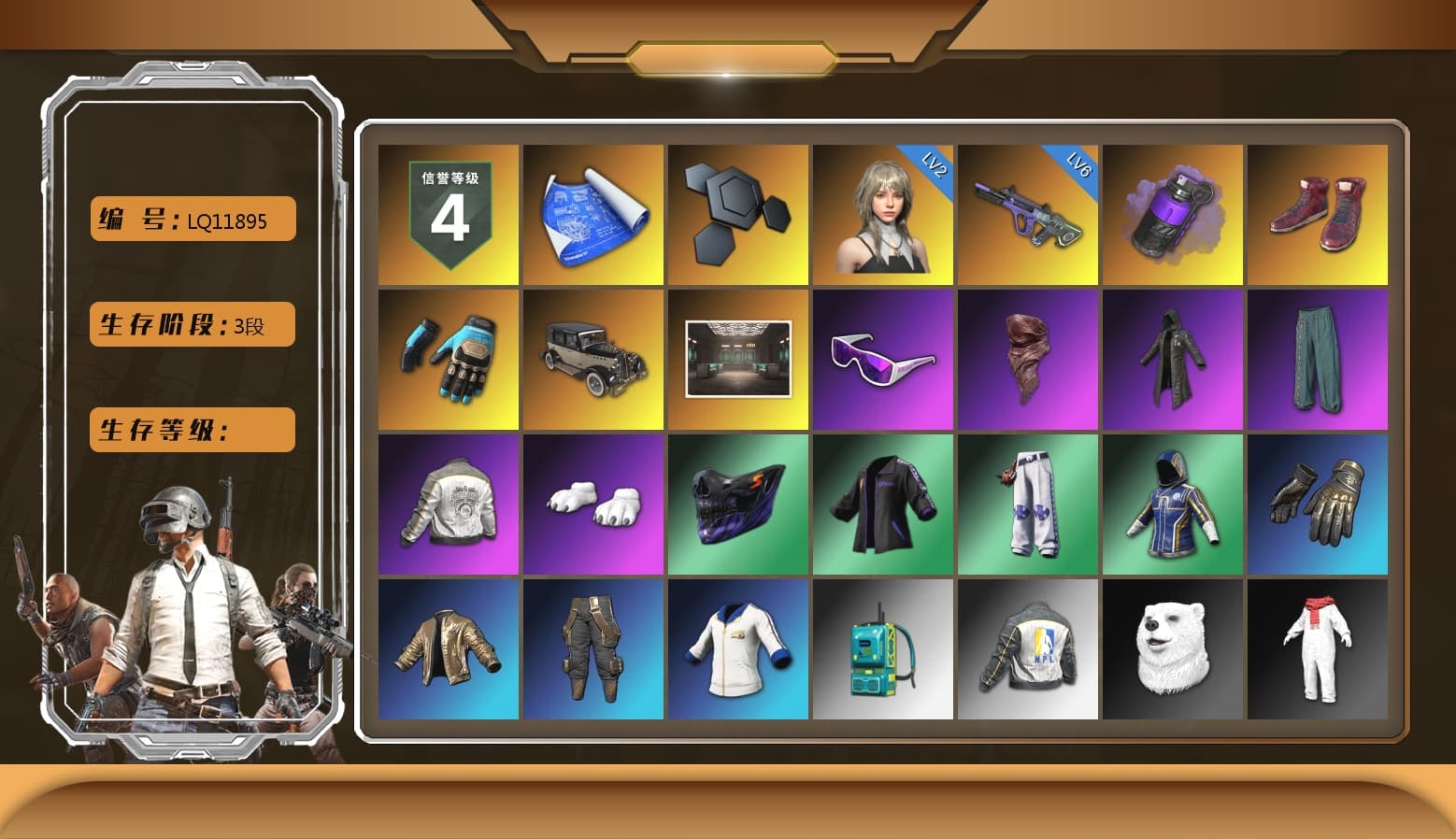 Purple Smoke Grenade, Hi-top Trainers (Red), Ashek's Gloves, Snow Glasses, PLAYERUNKNOWN's Bandana, Heavy Fur Coat (Black), Polar Bear Feet, Harley Quinn's Hair, PML 2019 Phase 2 Jacket, NPL 2019 Phase 2 Jacket, Bengal Blade - SCAR-L - 1