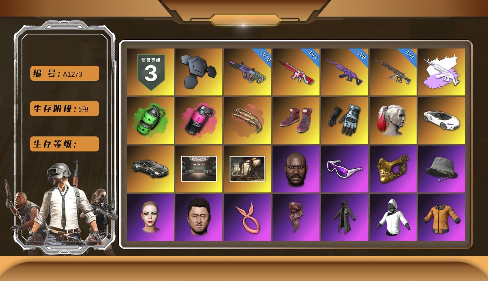 Medusa — Beryl M762 (Gray Purple), Emerald Smoke Grenade, Magenta Smoke Grenade, Crimson Fog of Fury — M79, Hi-top Trainers (Red), Danucd's Gloves, Harley Quinn's Hair, «V12 Vantage Roadster» Sports Car, Jonathan Kamau, Snow Glasses, PGC 2021 Contingent Chaos Mask, PLAYERUNKNOWN's Bandana, Heavy Fur Coat (Black), Rash Beixli Xtra Tough Jacket, Polar Bear Feet, Harley Quinn's Hair, Hairstyle PGI.S, Rash Beixli Xtra Tough Jacket, Harley Quinn's Makeup, XiongDi Hoodie, Sha Wujing's Shorts, StreamerOne, Full Autumn — M416, Gold Plate — M416, Bengal Blade - SCAR-L, Crash Test Handwraps, «DBX707» SUV - 1