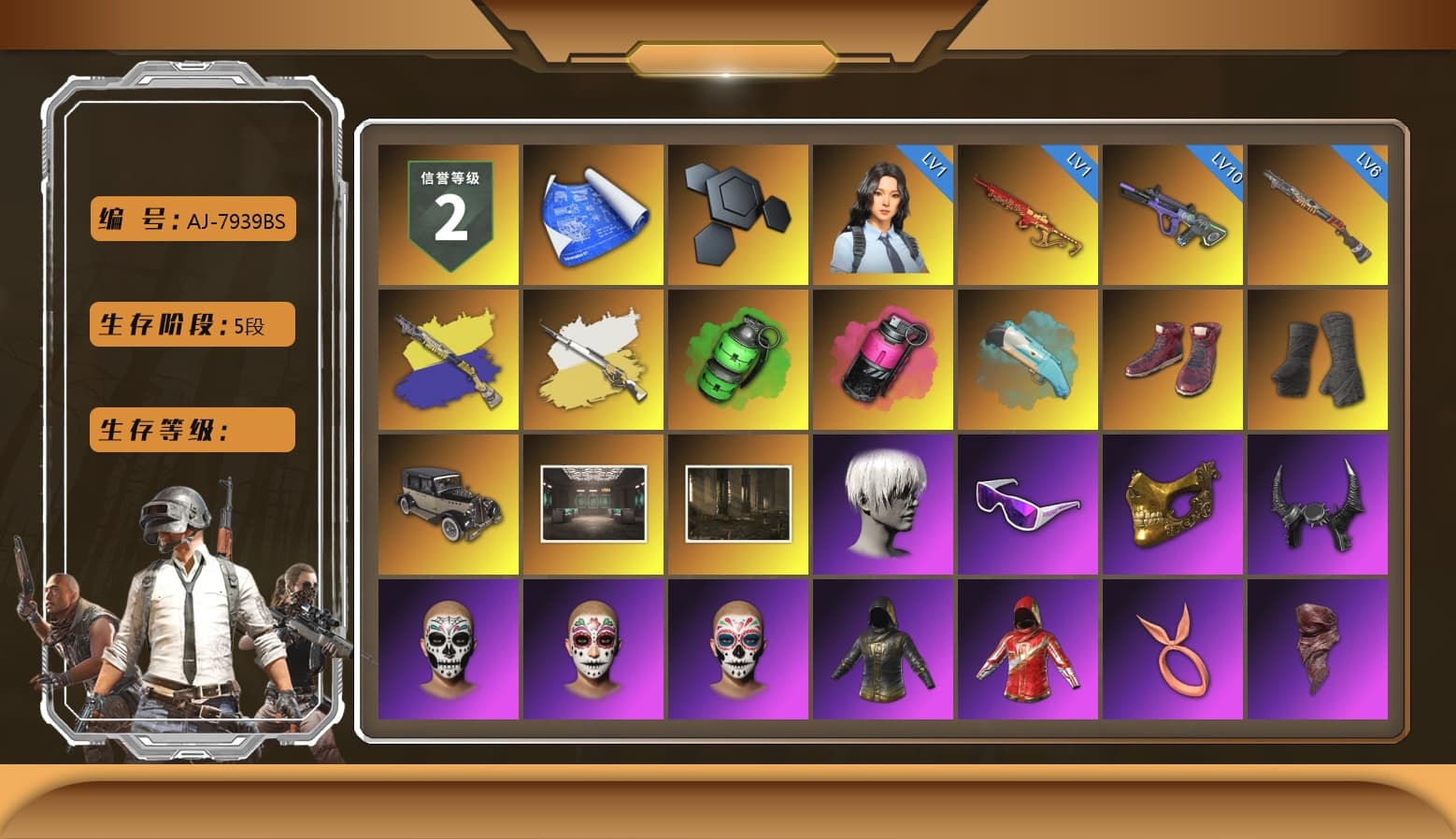 Cosmic Caliber - Kar98k (White Yellow), Cosmic Caliber - Kar98k, Emerald Smoke Grenade, Magenta Smoke Grenade, Hi-top Trainers (Red), Duncan's Infiltrator Handwraps, 9S's Hairstyle, Snow Glasses, PGC 2021 Contingent Chaos Mask, Demon Biker Horns, PLAYERUNKNOWN's Bandana, Heavy Fur Coat (Black), Polar Bear Feet, Nier, Harley Quinn's Hair, PEL 2019 Phase 2 Jacket, XingHun's Tiger Strike Jacket, XingHun's Tiger Strike Pants, NPL 2019 Phase 2 Jacket, PJS 2019 Phase 2 Jacket, Exquisite Pants, XiongDi Hoodie, Sha Wujing's Shorts, StreamerOne, Full Autumn — M416, 2018 PUBG ALL-STAR T-shirt (Korean), Heavy Fur Coat (Black), HUYA T-shirt, DOUYU T-shirt - 1