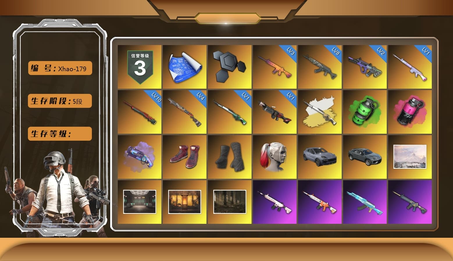 Cosmic Caliber - Kar98k (White Yellow), Emerald Smoke Grenade, Magenta Smoke Grenade, Purple Magical Mist — M79, Hi-top Trainers (Red), Duncan's Infiltrator Handwraps, Harley Quinn's Hair, «Cayenne Turbo GT» SUV, NeoticaCH's M416, Ashek's AKM, Jonathan Kamau, Snow Glasses, PGC 2021 Contingent Chaos Mask, Demon Biker Horns, PLAYERUNKNOWN's Bandana, Heavy Fur Coat (Black), SkipNhO's SLR, Escapee Jacket, Jailbird T-Shirt, Rash Vest, Pubg X Newjeans, Polar Bear Feet, Harley Quinn's Hair, CigaretteSTV's M416, Pirate KIM's M416, JennaJulien's Pleated Skirt, PML 2019 Phase 2 Jacket, PEL 2019 Phase 2 Jacket, XingHun's Tiger Strike Jacket, XingHun's Tiger Strike Pants, Sideshow Bear Feet, Exquisite Pants, Sha Wujing's Shorts, StreamerOne, GPT 2025 Four Angry Men Jacket, Training Jacket (Green), Full Autumn — M416, Wakgood's M416, Bengal Blade - SCAR-L, Silver Plate — Mini14, Wakgood's AWM, Blue Thunder Gloves, Diva Glasses (White), Rose-tinted Glasses, «Chiron» Sports Car, shroud's Cloth Mask, HUYA T-shirt, Esports IGL Shirt, Esports Chicken Dinner Shirt - 1
