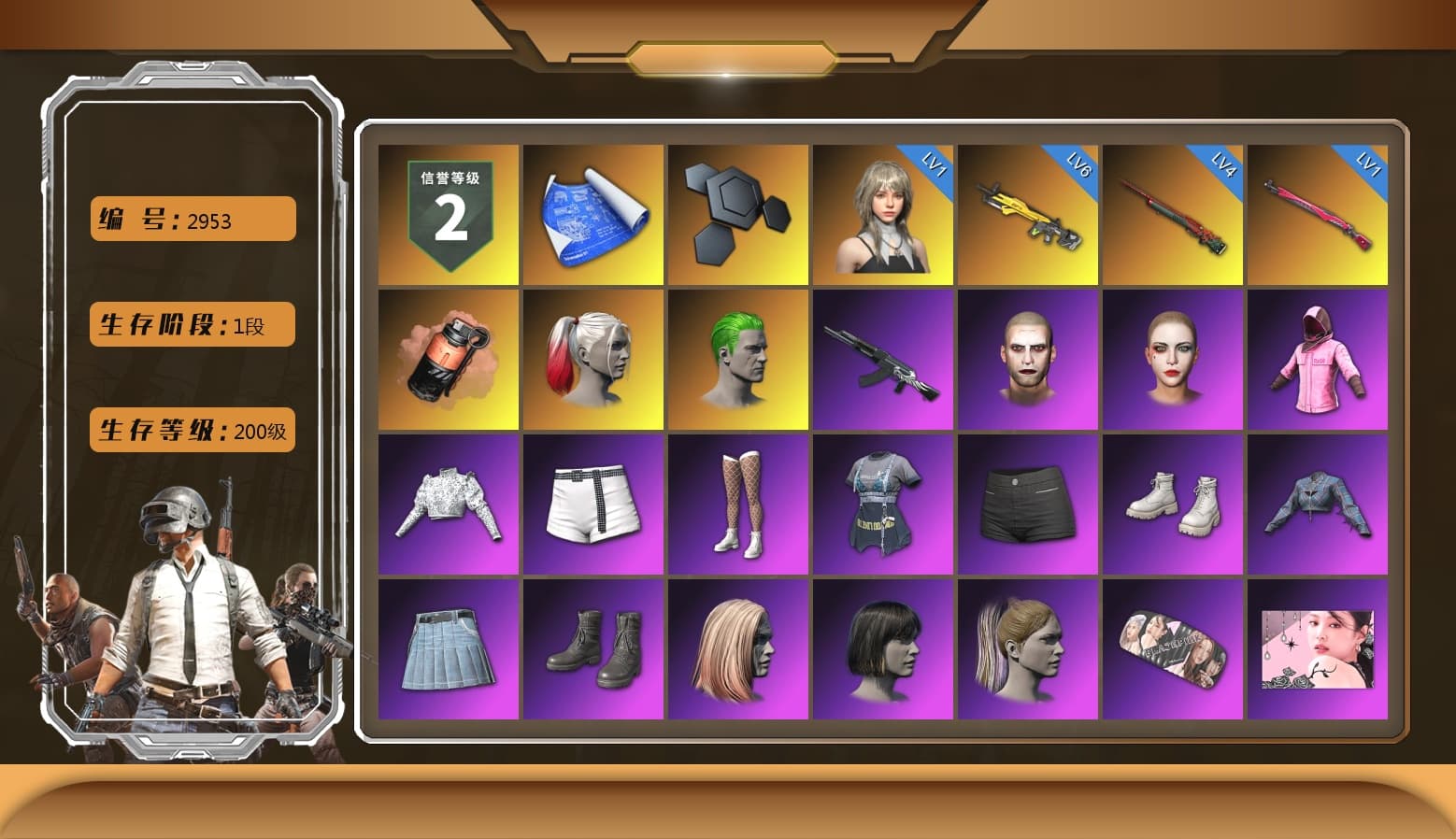 Bunny Patrol — Mk12, Sun Wukong — M24, Midnight Menace — Kar98k, Rash Beixli Xtra Tough Jacket, Rash Beixli Xtra Tough Jacket, The Joker's Hair, Harley Quinn's Hair, Blackpink, Coral Smoke Grenade, Glasya - 1