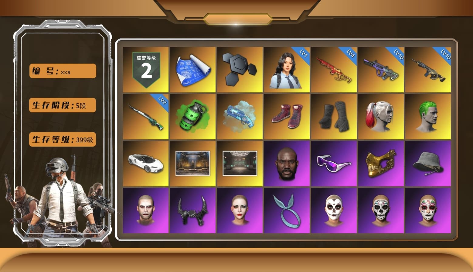 Emerald Smoke Grenade, Blue Magical Mist — M79, Hi-top Trainers (Red), Duncan's Infiltrator Handwraps, Harley Quinn's Hair, The Joker's Hair, Jonathan Kamau, Snow Glasses, PGC 2021 Contingent Chaos Mask, The Joker's Hair, Demon Biker Horns, Kansas Headband, La Catrina Makeup, PLAYERUNKNOWN's Bandana, Heavy Fur Coat (Black), Rash Beixli Xtra Tough Jacket, Aespa, Polar Bear Feet, Harley Quinn's Hair, Hairstyle PGI.S, Rash Beixli Xtra Tough Jacket, Harley Quinn's Makeup, PML 2019 Phase 2 Jacket, XingHun's Tiger Strike Jacket, XingHun's Tiger Strike Pants, NPL 2019 Phase 2 Jacket, PJS 2019 Phase 2 Jacket, Sideshow Bear Feet, Exquisite Pants, Sha Wujing's Shorts, StreamerOne, GPT 2025 Four Angry Men Jacket, Full Autumn — M416, Festive Gloves (Red), 2018 PUBG ALL-STAR T-shirt (Korean) - 1
