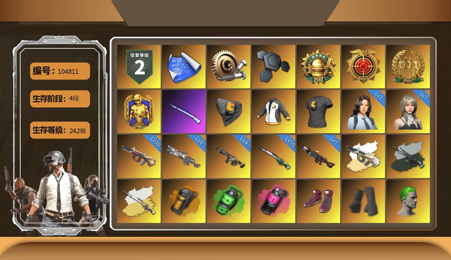 Just9n's Shirt, Cosmic Caliber - Kar98k (White Yellow), Time Keeper - M416 (Gray Green), Orange Smoke Grenade, Emerald Smoke Grenade, Magenta Smoke Grenade, Hi-top Trainers (Red), Duncan's Infiltrator Handwraps, The Joker's Hair, chocoTaco's Beryl M762, Lumi's Kar98k, Jonathan Kamau, PGC 2021 Contingent Chaos Mask, PLAYERUNKNOWN's Bandana, Heavy Fur Coat (Black), Rash Beixli Xtra Tough Jacket, Polar Bear Feet, Hairstyle PGI.S, Rash Beixli Xtra Tough Jacket, Short Sleeve Anchor Print Shirt, CigaretteSTV's M416, The Mau5 Hat, Sacriel's Hoodie, PML 2019 Phase 2 Jacket, PEL 2019 Phase 2 Jacket, XingHun's Tiger Strike Jacket, XingHun's Tiger Strike Pants, PJS 2019 Phase 2 Jacket, PKL 2019 Phase 2 Jacket, chocoTaco's Parachute, XiongDi Hoodie, Sha Wujing's Shorts, XingHun's Hoodie, Xinghun's Tracksuit Pants, StreamerOne, Silver Plate — M416, Gold Plate — M416, Chengzi's M416, XingHun's AKM, Crimson Snowflake - QBZ, Sacriel's Kar98k, Festive Gloves (Red), Diva Glasses (White), Sacriel's Cloth Mask, 2018 PUBG ALL-STAR T-shirt (Korean), Heavy Fur Coat (Black), Esports IGL Shirt, Esports Chicken Dinner Shirt, chocoTaco's Kicks - 1