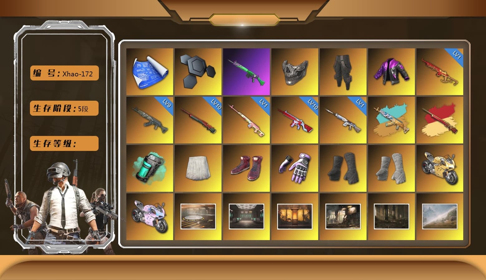 Rest in Pink — Dragunov [1], Reaper Mask, Survivalist Slacks, Teal Smoke Grenade, School Skirt, Hi-top Trainers (Red), Duncan's Infiltrator Handwraps, PGI Title Wraps, «Panigale V4 S (Gold Rush)» Motorcycle, «Panigale V4 S (Twilight Torque)» Motorcycle, SkipNhO's SLR, Ashek's AKM, 9S's Hairstyle, Jonathan Kamau, Snow Glasses, PGC 2021 Contingent Chaos Mask, Demon Biker Horns, Kansas Headband, La Catrina Makeup, PLAYERUNKNOWN's Bandana, Heavy Fur Coat (Black), Escapee Jacket, Jailbird T-Shirt, Rash Vest, Rash Beixli Xtra Tough Jacket, Polar Bear Feet, Nier, Rash Beixli Xtra Tough Jacket, Ghosted — AKM, Speed & Momentum — M416, Ghosted — Kar98k, Speed & Momentum — Kar98k, JennaJulien's M24, PGI Ringside Hoodie, PGI 2018 «Four Angry Men» Hoodie, XingHun's Tiger Strike Jacket, XingHun's Tiger Strike Pants, PJS 2019 Phase 2 Jacket, StreamerOne, Silver Plate — Mini14, Rose-tinted Glasses, HUYA T-shirt, DOUYU T-shirt - 1