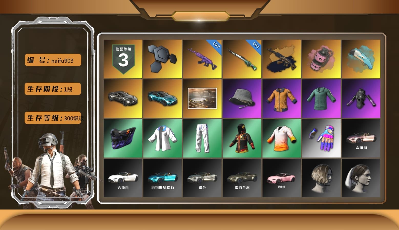 Medusa — Beryl M762 (Gold Charcoal), Pink Smoke Grenade, «V12 Vantage Roadster» Sports Car, «V12 Vantage Roadster (Luxe)» Sports Car, XingHun's Tiger Strike Jacket, XingHun's Tiger Strike Pants, Exquisite Pants, StreamerOne, 2018 PUBG ALL-STAR T-shirt (Korean) - 1