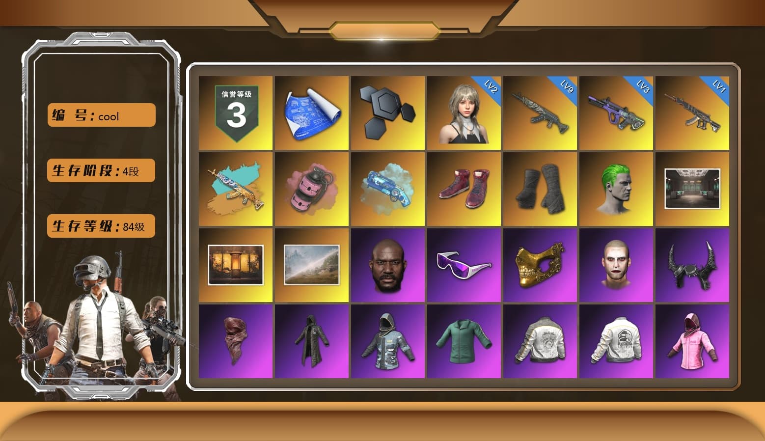 Pink Smoke Grenade, Blue Magical Mist — M79, Hi-top Trainers (Red), Duncan's Infiltrator Handwraps, The Joker's Hair, Jonathan Kamau, Snow Glasses, PGC 2021 Contingent Chaos Mask, The Joker's Hair, Demon Biker Horns, PLAYERUNKNOWN's Bandana, Heavy Fur Coat (Black), Rash Beixli Xtra Tough Jacket, Aespa, Polar Bear Feet, Harley Quinn's Hair, Rash Beixli Xtra Tough Jacket, PML 2019 Phase 2 Jacket, PEL 2019 Phase 2 Jacket, XingHun's Tiger Strike Jacket, XingHun's Tiger Strike Pants, NPL 2019 Phase 2 Jacket, PJS 2019 Phase 2 Jacket, PKL 2019 Phase 2 Jacket, Sha Wujing's Shorts, StreamerOne, Full Autumn — M416, Blue Thunder Gloves, DOUYU T-shirt - 1