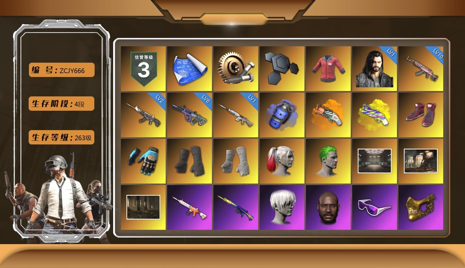 PAI 2019 Jacket, Ashek's Gloves, Blue Smoke Grenade, Orange Fog of Fury — M79, Yellow Fog of Fury — M79, Hi-top Trainers (Red), Duncan's Infiltrator Handwraps, PGI Title Wraps, Harley Quinn's Hair, The Joker's Hair, 9S's Hairstyle, Jonathan Kamau, Snow Glasses, PGC 2021 Contingent Chaos Mask, La Catrina Makeup, PLAYERUNKNOWN's Bandana, Heavy Fur Coat (Black), Rash Beixli Xtra Tough Jacket, Pubg X Newjeans, Aespa, Polar Bear Feet, Nier, Rash Beixli Xtra Tough Jacket, CigaretteSTV's M416, fuffenz's SLR, Harley Quinn's Makeup, FireDragon's Shirt, Ryan the Lion Hoodie, XingHun's Tiger Strike Jacket, XingHun's Tiger Strike Pants, Exquisite Pants, Sha Wujing's Shorts, StreamerOne, Training Jacket (Green), Full Autumn — M416, Bengal Blade - SCAR-L, Crimson Snowflake - QBZ, MOZZ's M24, Festive Gloves (Red), PAI 2019 Mask, Heavy Fur Coat (Black), DOUYU T-shirt - 1