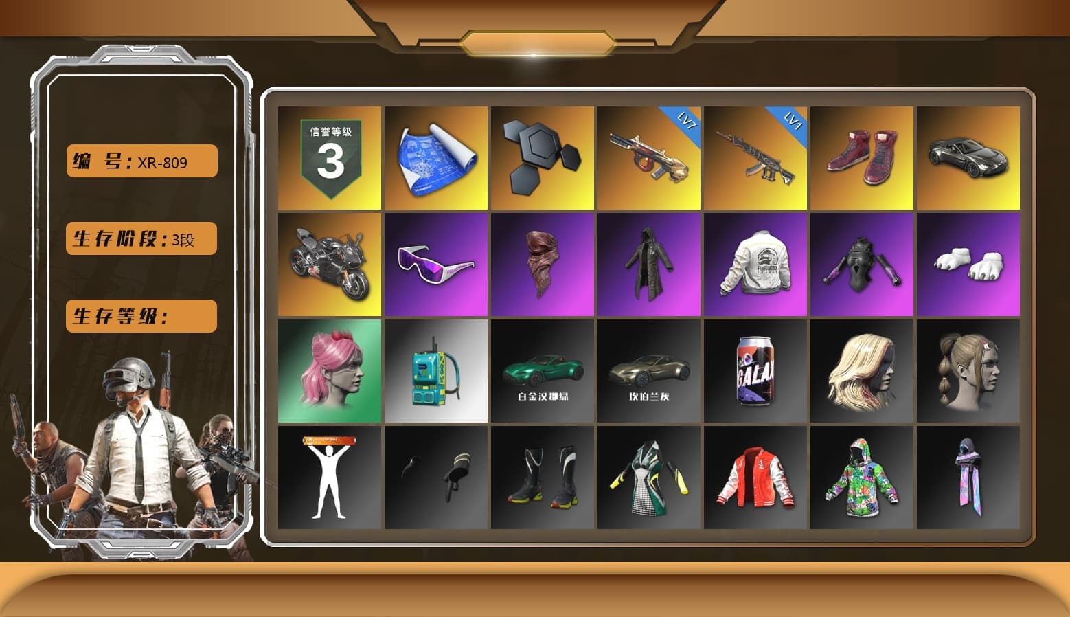 Hi-top Trainers (Red), «V12 Vantage Roadster» Sports Car, «Panigale V4 S (Pitch Black)» Motorcycle, Snow Glasses, PLAYERUNKNOWN's Bandana, Heavy Fur Coat (Black), Polar Bear Feet, PEL 2019 Phase 2 Jacket, StreamerOne, «DBX707» SUV - 1
