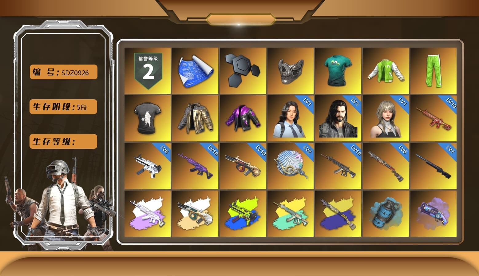 Reaper Mask, PandaTV T-Shirt, NVIDIA Varsity Jacket, DMM T-Shirt, Douyu Biker Jacket, Medusa — Beryl M762 (Gray Purple), ZERO-G — MP5K (Lime Blue), Azure Smoke Grenade, Purple Magical Mist — M79, Hi-top Trainers (Red), Pan of Judgement, Shroud's Gloves, Duncan's Infiltrator Handwraps, PGI Title Wraps, Harley Quinn's Hair, The Joker's Hair, «Cayenne Turbo GT» SUV, «Chiron» Sports Car, «McLaren GT Elite» Sports Car, «V12 Vantage Roadster» Sports Car, «DBX707» SUV, 9S's Hairstyle, Jonathan Kamau, Snow Glasses, PGC 2021 Contingent Chaos Mask, The Joker's Hair, Demon Biker Horns, La Catrina Makeup, PLAYERUNKNOWN's Bandana, Heavy Fur Coat (Black), SOOP T-Shirt, Escapee Jacket, Jailbird T-Shirt, Rash Vest, Rash Beixli Xtra Tough Jacket, Polar Bear Feet, Nier, Hairstyle PGI.S, Rash Beixli Xtra Tough Jacket, Ghosted — AKM, Speed & Momentum — M416, Ghosted — Kar98k, Speed & Momentum — Kar98k, Harley Quinn's Makeup, SPYGEA's Shirt, Shroud's Varsity Jacket, The Mau5 Hat, SkipNhO's Shirt, JennaJulien's Pleated Skirt, PGI Ringside Hoodie, PGI 2018 «Four Angry Men» Hoodie, PEL 2019 Phase 2 Jacket, XingHun's Tiger Strike Jacket, XingHun's Tiger Strike Pants, NPL 2019 Phase 2 Jacket, PJS 2019 Phase 2 Jacket, PKL 2019 Phase 2 Jacket, «DBX707» SUV, Sideshow Bear Feet, Exquisite Pants, StreamerOne, GPT 2025 Four Angry Men Jacket, Bengal Blade - SCAR-L, Silver Plate — Mini14, Forever's S1897, Blue Thunder Gloves, Rose-tinted Glasses, shroud's Cloth Mask, HUYA T-shirt, Zerator's Pleated Skirt, Bengal Tiger - 1
