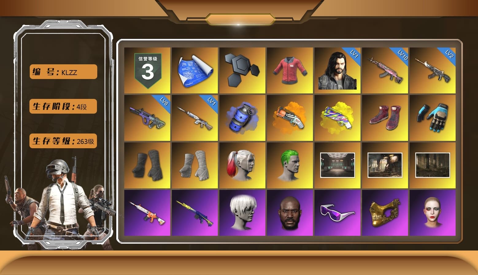 PAI 2019 Jacket, Blue Smoke Grenade, Orange Fog of Fury — M79, Yellow Fog of Fury — M79, Hi-top Trainers (Red), Ashek's Gloves, Duncan's Infiltrator Handwraps, PGI Title Wraps, Harley Quinn's Hair, The Joker's Hair, 9S's Hairstyle, Jonathan Kamau, Snow Glasses, PGC 2021 Contingent Chaos Mask, La Catrina Makeup, PLAYERUNKNOWN's Bandana, Heavy Fur Coat (Black), Rash Beixli Xtra Tough Jacket, Pubg X Newjeans, Aespa, Polar Bear Feet, Nier, Rash Beixli Xtra Tough Jacket, CigaretteSTV's M416, fuffenz's SLR, Harley Quinn's Makeup, FireDragon's Shirt, Ryan the Lion Hoodie, XingHun's Tiger Strike Jacket, XingHun's Tiger Strike Pants, Exquisite Pants, Sha Wujing's Shorts, StreamerOne, Training Jacket (Green), Full Autumn — M416, Bengal Blade - SCAR-L, Crimson Snowflake - QBZ, Festive Gloves (Red), PAI 2019 Mask, Heavy Fur Coat (Black), DOUYU T-shirt - 1