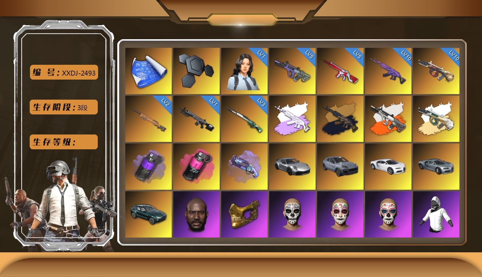 Medusa — Beryl M762 (Gray Purple), Medusa — Beryl M762 (Gold Charcoal), Neon Dream - AUG (White Orange), Purple Smoke Grenade, Magenta Smoke Grenade, Purple Magical Mist — M79, «911 Carrera GTS» Sports Car, «Cayenne Turbo GT» SUV, «Chiron» Sports Car, «DBX707» SUV, Jonathan Kamau, PGC 2021 Contingent Chaos Mask, Aespa, Polar Bear Feet, Harley Quinn's Hair, PEL 2019 Phase 2 Jacket, XingHun's Tiger Strike Jacket, XingHun's Tiger Strike Pants, «DBX707» SUV, Exquisite Pants, GPT 2025 Four Angry Men Jacket, Training Jacket (Green), Full Autumn — M416, Festive Gloves (Red) - 1