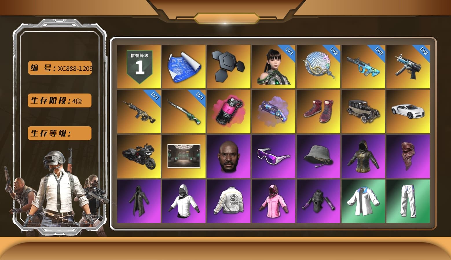Magenta Smoke Grenade, Purple Magical Mist — M79, Hi-top Trainers (Red), «Chiron» Sports Car, Jonathan Kamau, Snow Glasses, PLAYERUNKNOWN's Bandana, Heavy Fur Coat (Black), Rash Beixli Xtra Tough Jacket, "CVO™ Road Glide® ST" Motorcycle, Rash Beixli Xtra Tough Jacket, PEL 2019 Phase 2 Jacket, XingHun's Tiger Strike Jacket, XingHun's Tiger Strike Pants, NPL 2019 Phase 2 Jacket, Sha Wujing's Shorts, GPT 2025 Four Angry Men Jacket - 1